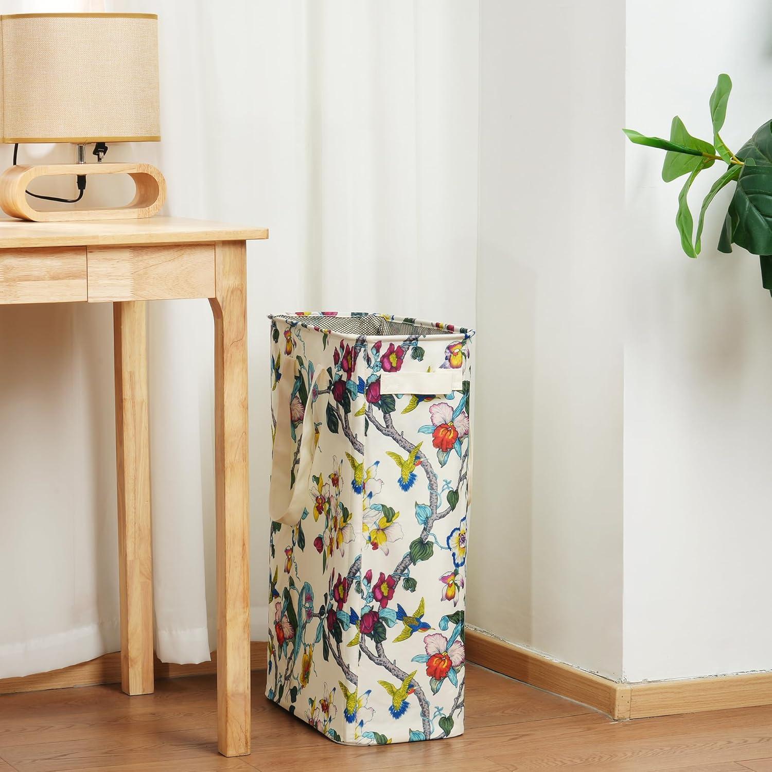 imageefluky Slim Laundry Basket Narrow Laundry Hamper with Handles Collapsible Dirty Clothes Hamper Tall Laundry Bin for Laundry Room Dorm and Bedroom 127 Gallons48L BlackFloral