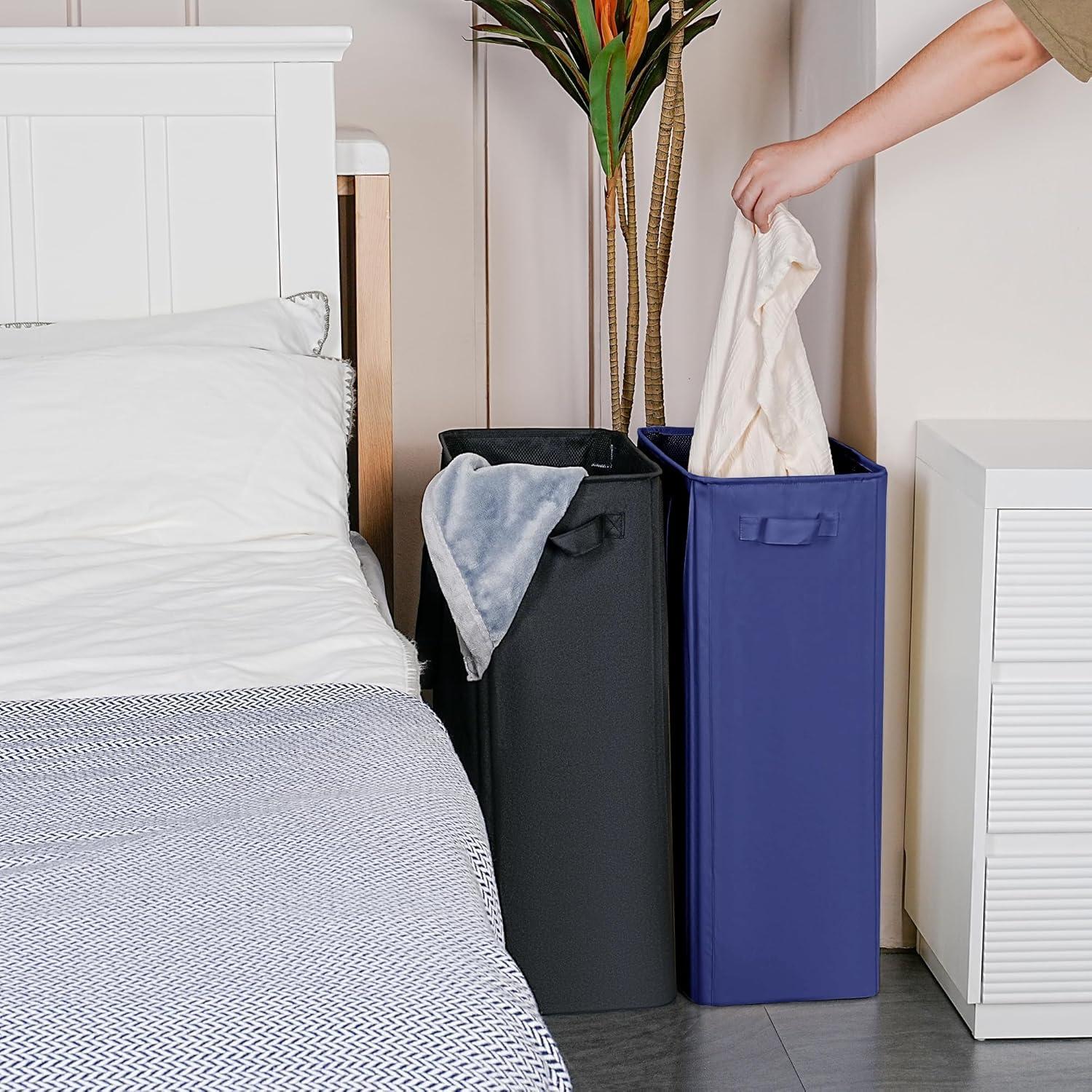 imageefluky Slim Laundry Basket Narrow Laundry Hamper with Handles Collapsible Dirty Clothes Hamper Tall Laundry Bin for Laundry Room Dorm and Bedroom 127 Gallons48L BlackBlue