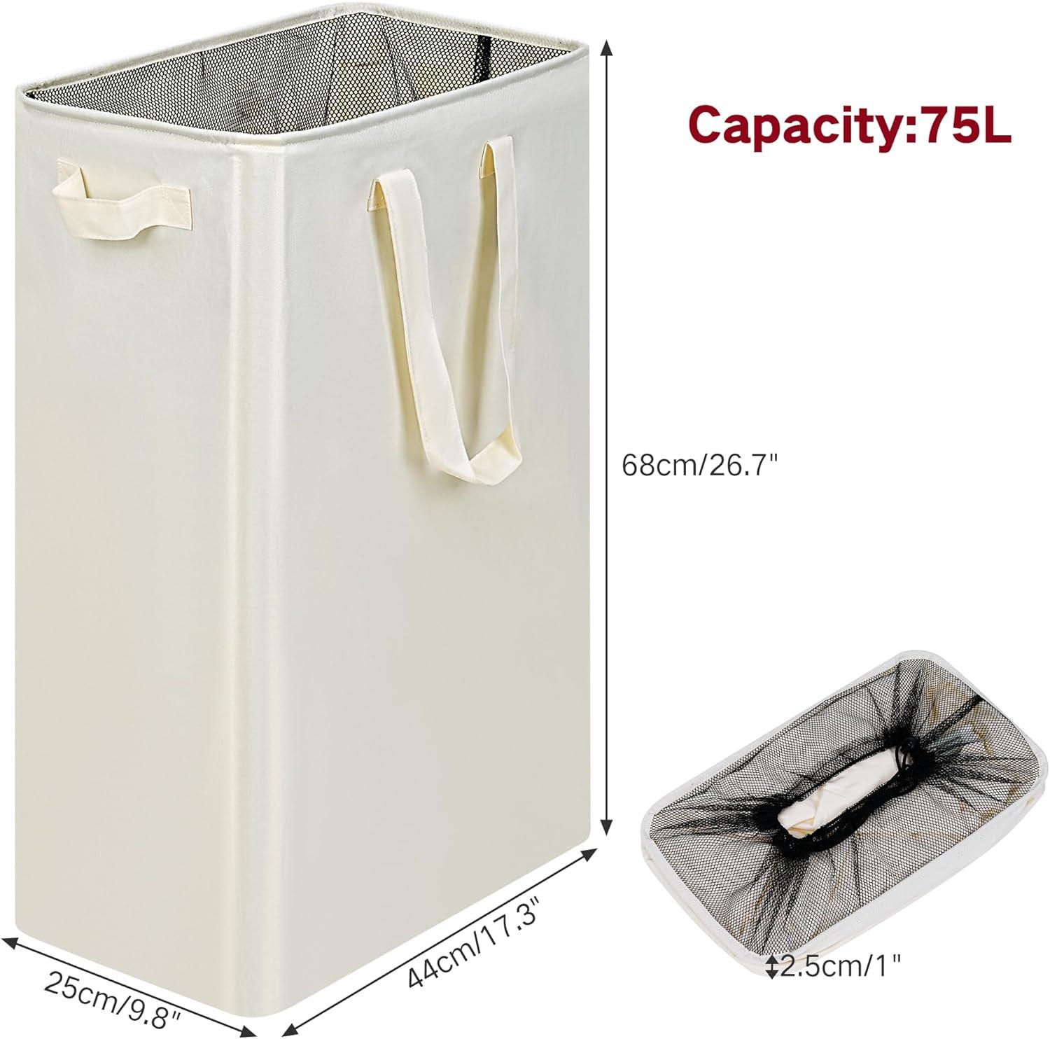 imageefluky Slim Laundry Basket Narrow Laundry Hamper with Handles Collapsible Dirty Clothes Hamper Tall Laundry Bin for Laundry Room Dorm and Bedroom 127 Gallons48L BlackBeige