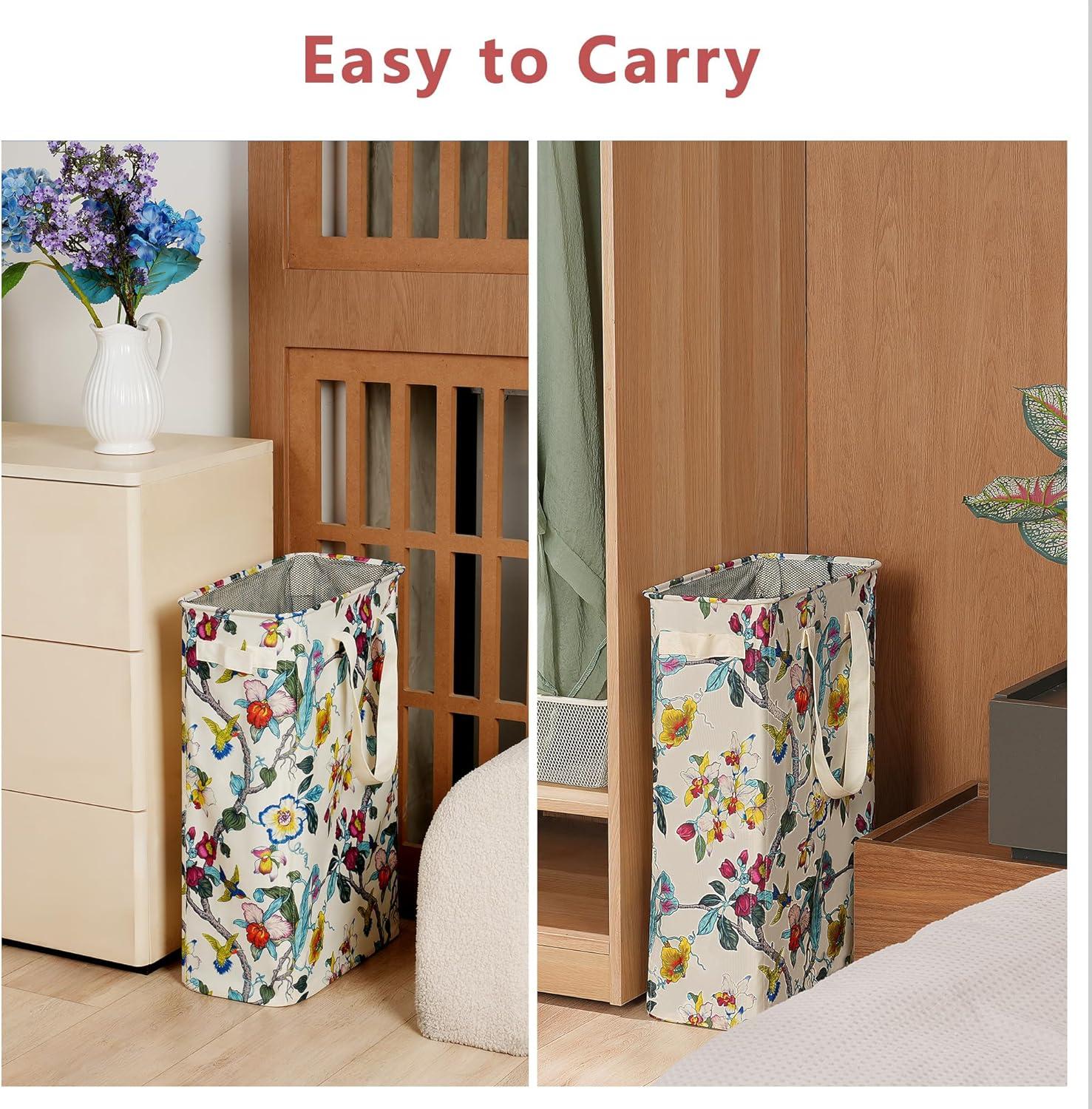 imageefluky Slim Laundry Basket Narrow Laundry Hamper with Handles Collapsible Dirty Clothes Hamper Tall Laundry Bin for Laundry Room Dorm and Bedroom 127 Gallons48L BlackFloral