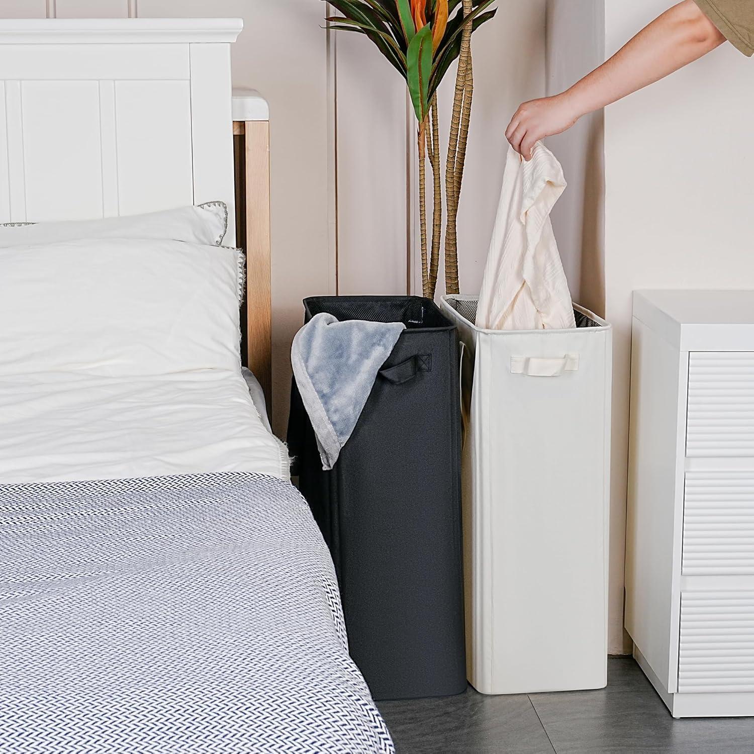 imageefluky Slim Laundry Basket Narrow Laundry Hamper with Handles Collapsible Dirty Clothes Hamper Tall Laundry Bin for Laundry Room Dorm and Bedroom 127 Gallons48L BlackGrey