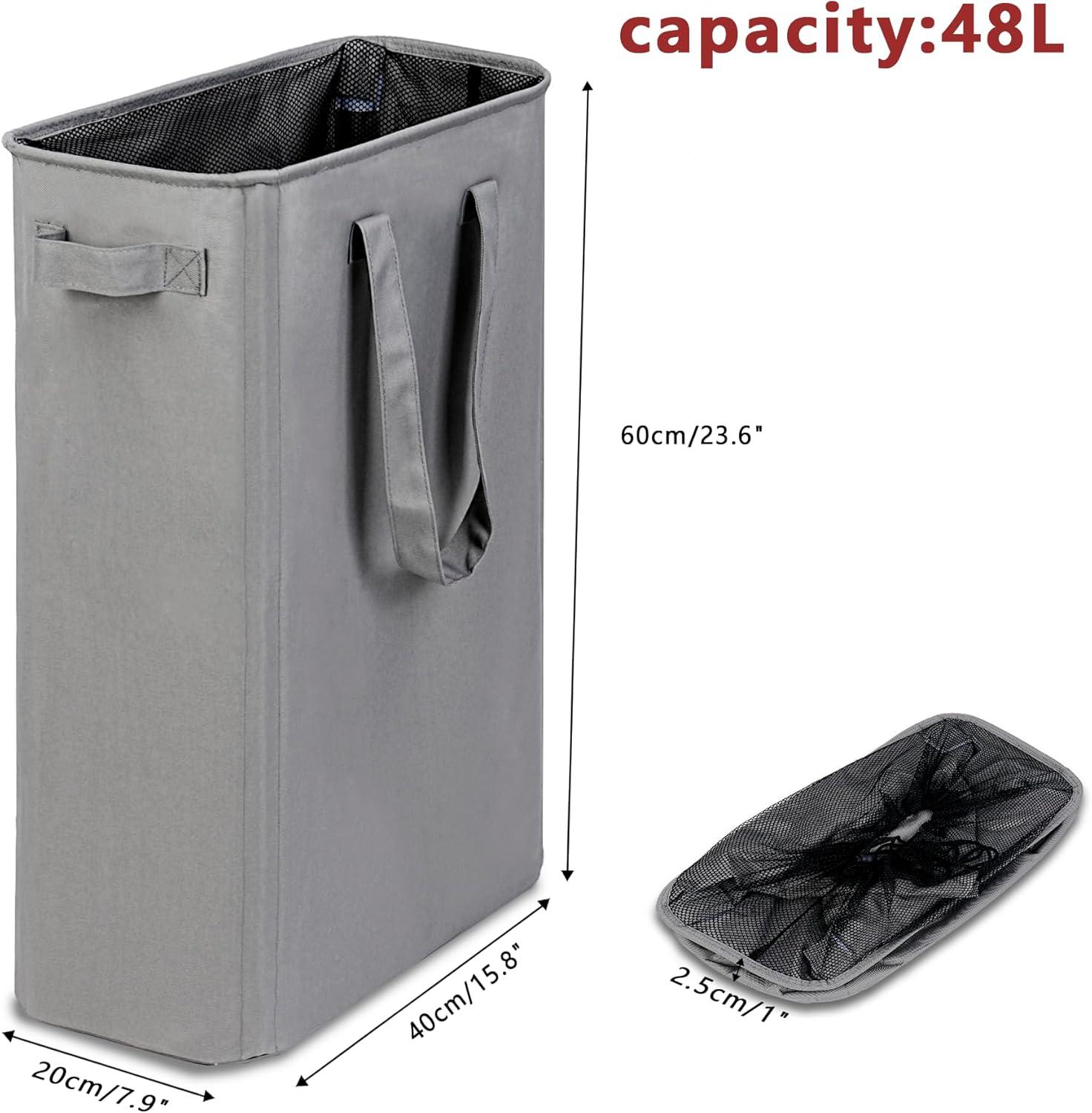 imageefluky Slim Laundry Basket Narrow Laundry Hamper with Handles Collapsible Dirty Clothes Hamper Tall Laundry Bin for Laundry Room Dorm and Bedroom 127 Gallons48L BlackGrey