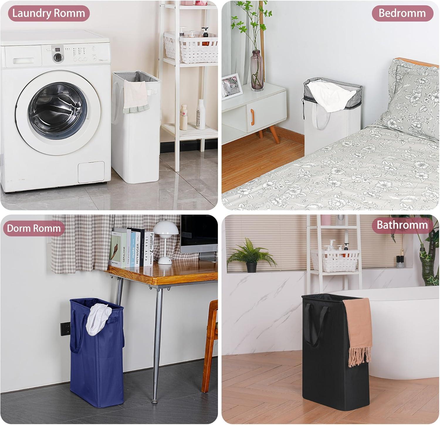 imageefluky Slim Laundry Basket Narrow Laundry Hamper with Handles Collapsible Dirty Clothes Hamper Tall Laundry Bin for Laundry Room Dorm and Bedroom 127 Gallons48L BlackBlue