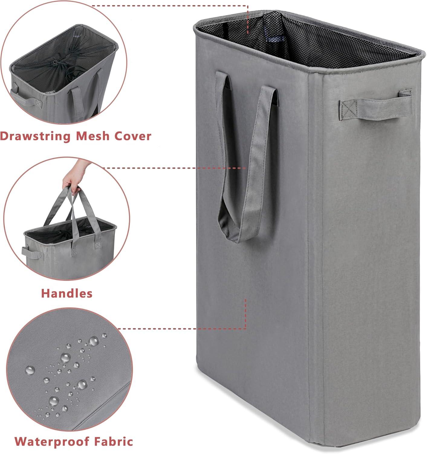 imageefluky Slim Laundry Basket Narrow Laundry Hamper with Handles Collapsible Dirty Clothes Hamper Tall Laundry Bin for Laundry Room Dorm and Bedroom 127 Gallons48L BlackGrey