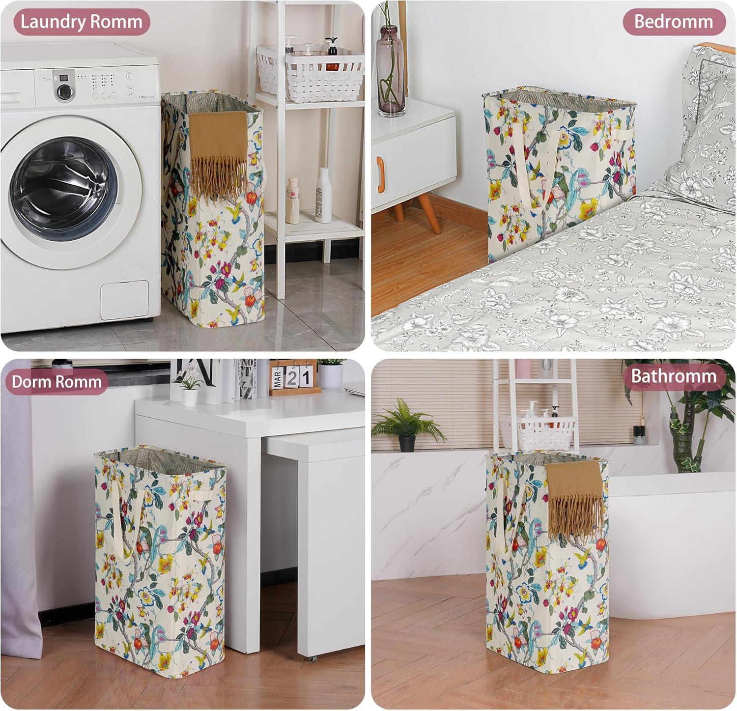 imageefluky Slim Laundry Basket Narrow Laundry Hamper with Handles Collapsible Dirty Clothes Hamper Tall Laundry Bin for Laundry Room Dorm and Bedroom 127 Gallons48L BlackFloral