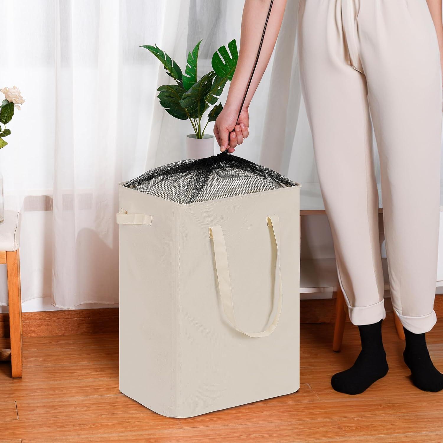 imageefluky Slim Laundry Basket Narrow Laundry Hamper with Handles Collapsible Dirty Clothes Hamper Tall Laundry Bin for Laundry Room Dorm and Bedroom 127 Gallons48L BlackBeige