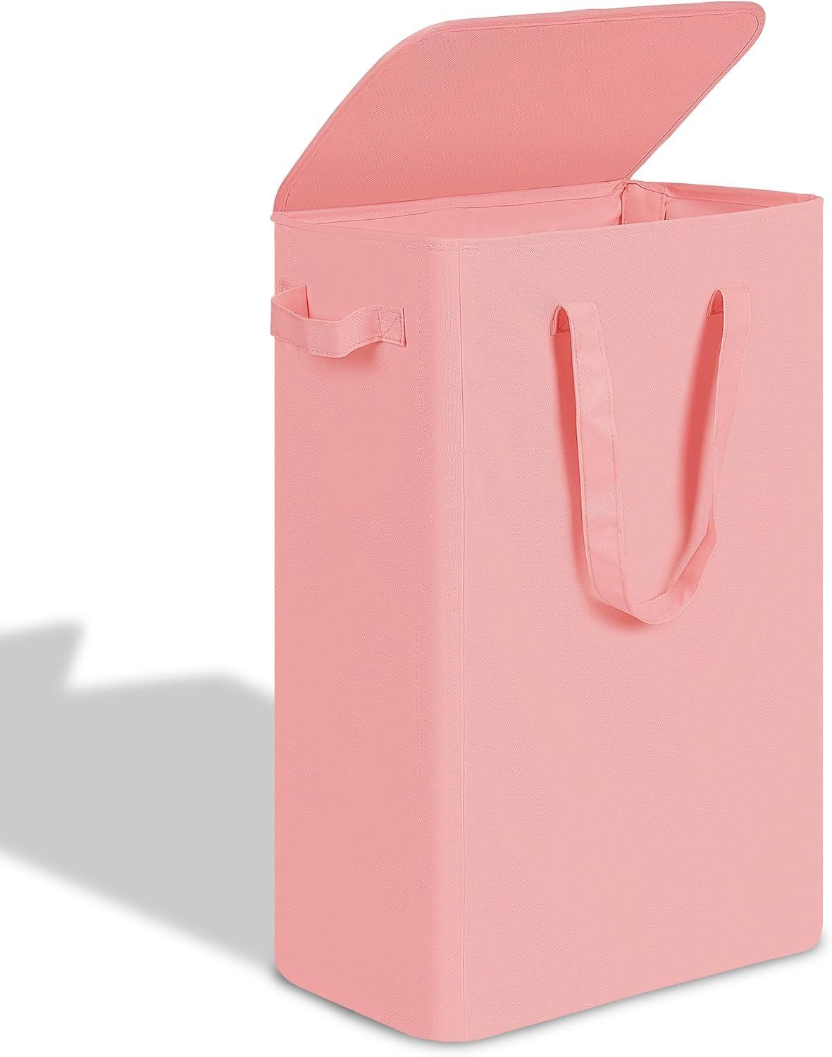 imageefluky Slim Laundry Basket Narrow Laundry Hamper with Handles Collapsible Dirty Clothes Hamper Tall Laundry Bin for Laundry Room Dorm and Bedroom 127 Gallons48L BlackPink