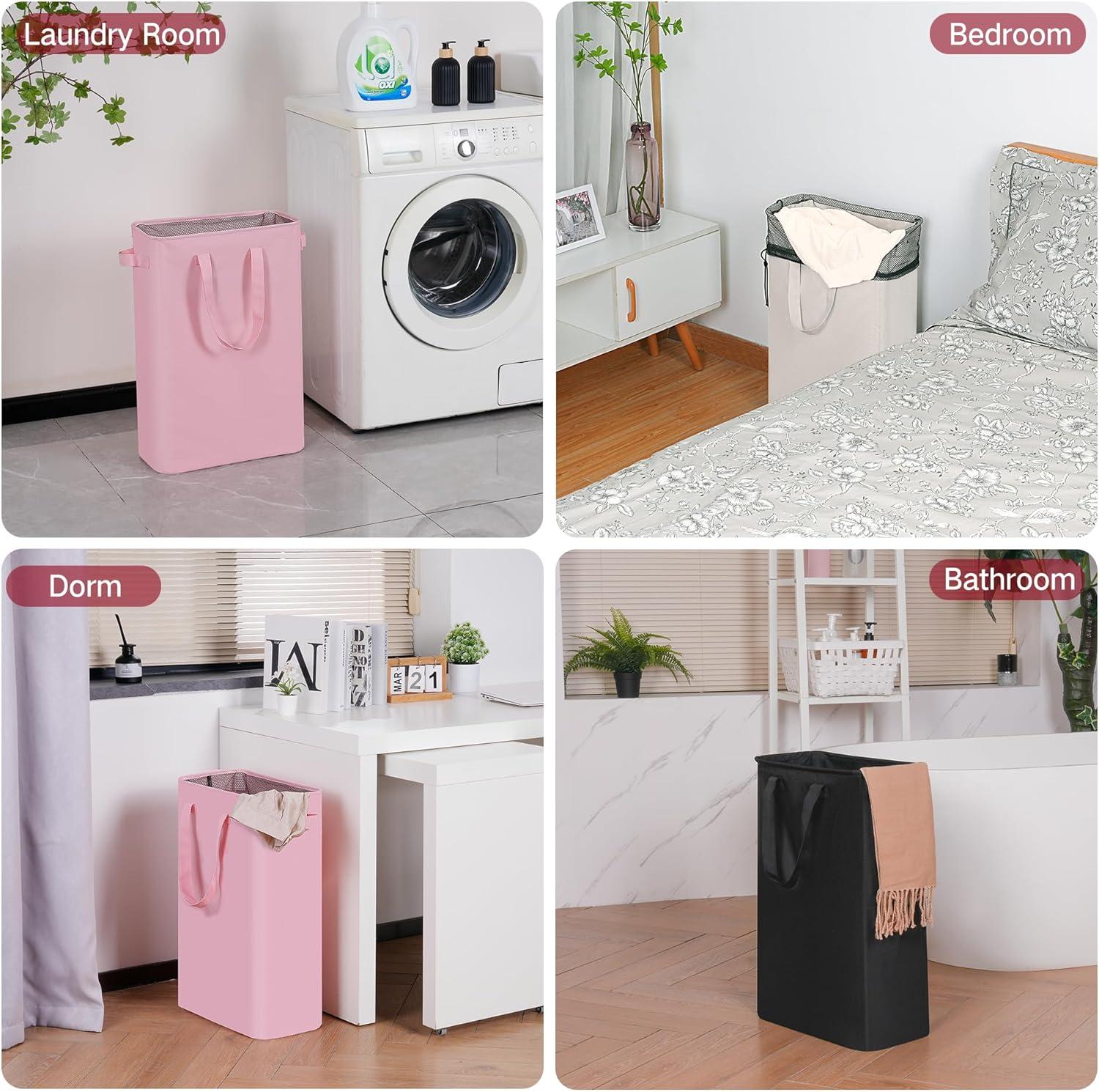 imageefluky Slim Laundry Basket Narrow Laundry Hamper with Handles Collapsible Dirty Clothes Hamper Tall Laundry Bin for Laundry Room Dorm and Bedroom 127 Gallons48L BlackPink