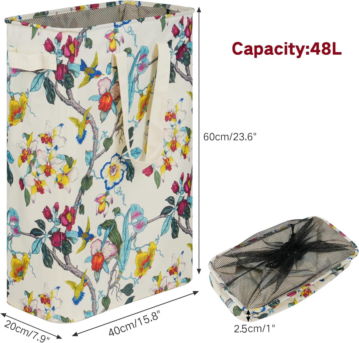 imageefluky Slim Laundry Basket Narrow Laundry Hamper with Handles Collapsible Dirty Clothes Hamper Tall Laundry Bin for Laundry Room Dorm and Bedroom 127 Gallons48L BlackFloral