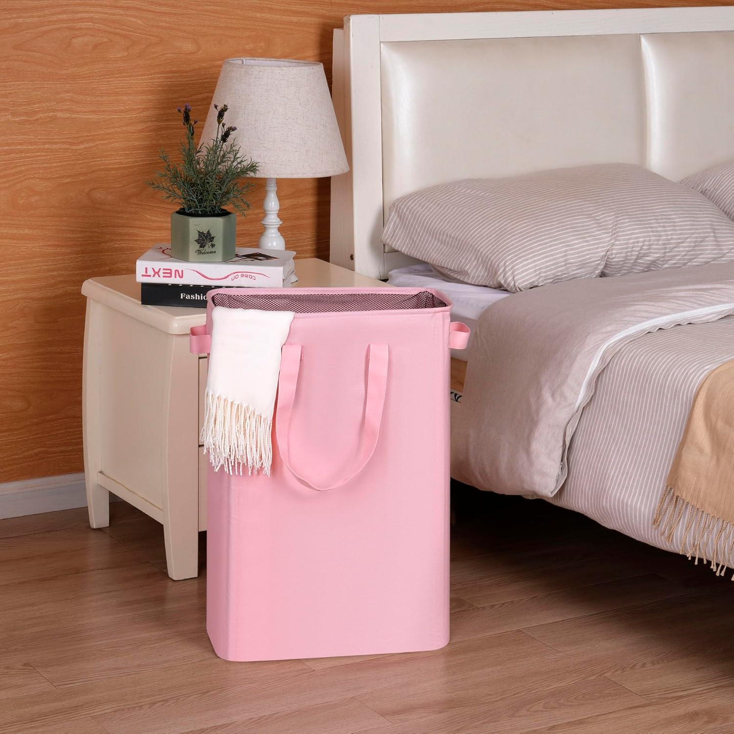 imageefluky Slim Laundry Basket Narrow Laundry Hamper with Handles Collapsible Dirty Clothes Hamper Tall Laundry Bin for Laundry Room Dorm and Bedroom 127 Gallons48L BlackPink