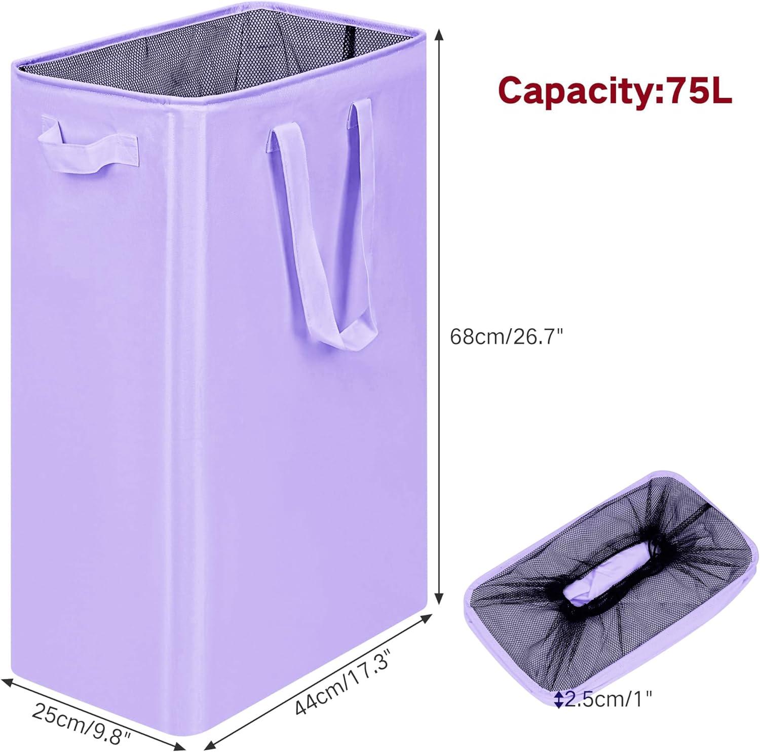 imageefluky Slim Laundry Basket Narrow Laundry Hamper with Handles Collapsible Dirty Clothes Hamper Tall Laundry Bin for Laundry Room Dorm and Bedroom 127 Gallons48L BlackLight Purple