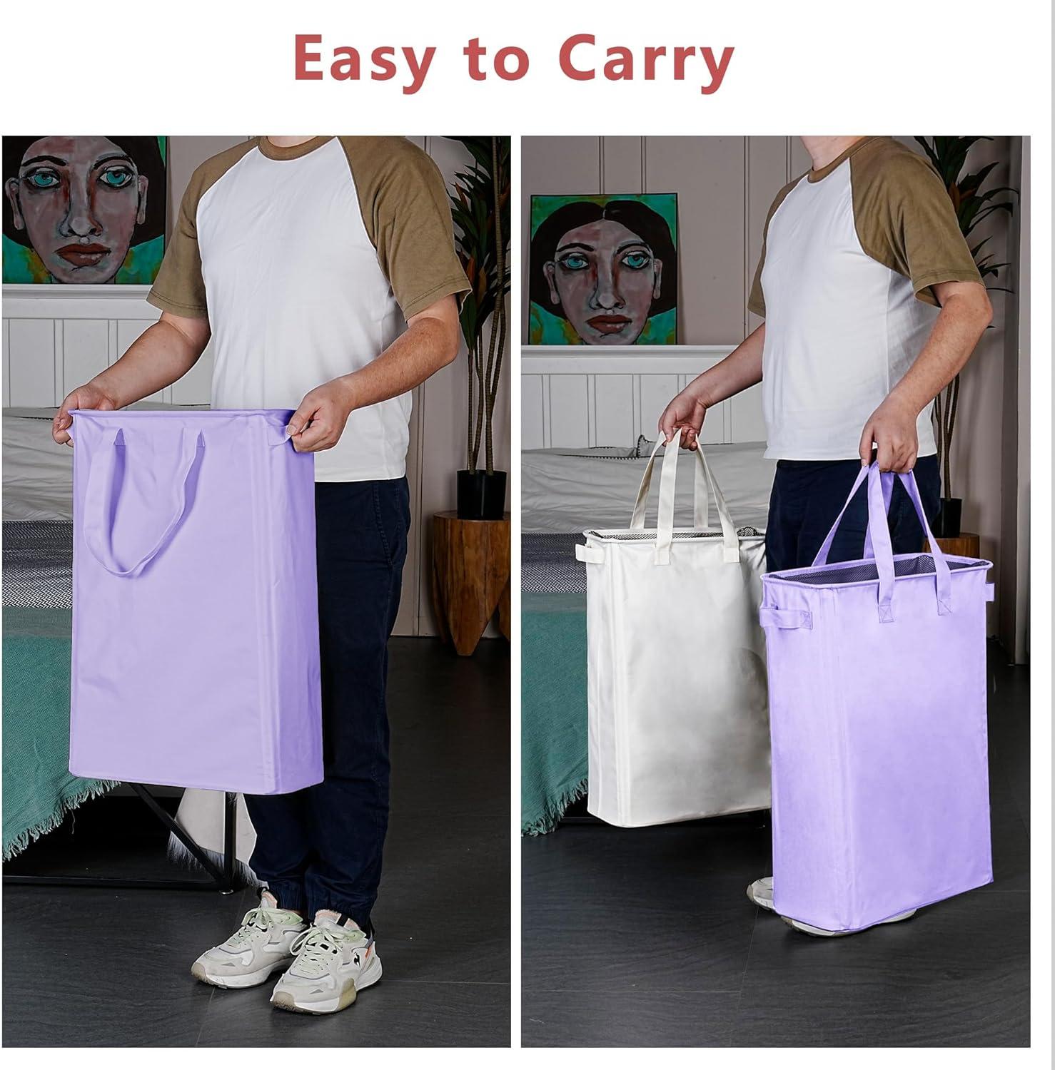 imageefluky Slim Laundry Basket Narrow Laundry Hamper with Handles Collapsible Dirty Clothes Hamper Tall Laundry Bin for Laundry Room Dorm and Bedroom 127 Gallons48L BlackLight Purple