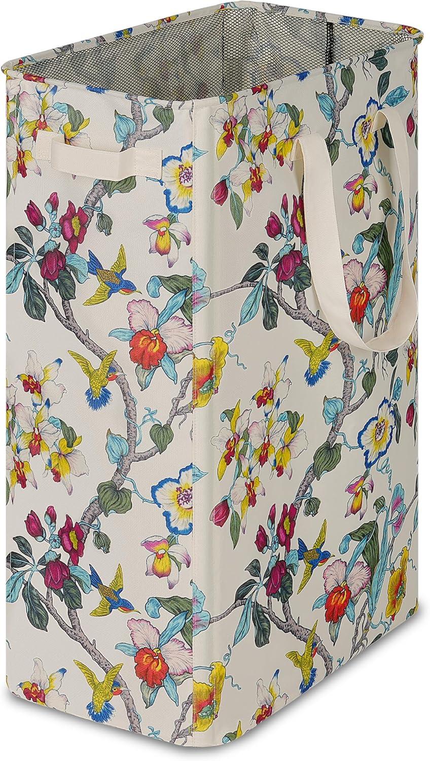 imageefluky Slim Laundry Basket Narrow Laundry Hamper with Handles Collapsible Dirty Clothes Hamper Tall Laundry Bin for Laundry Room Dorm and Bedroom 127 Gallons48L BlackFloral