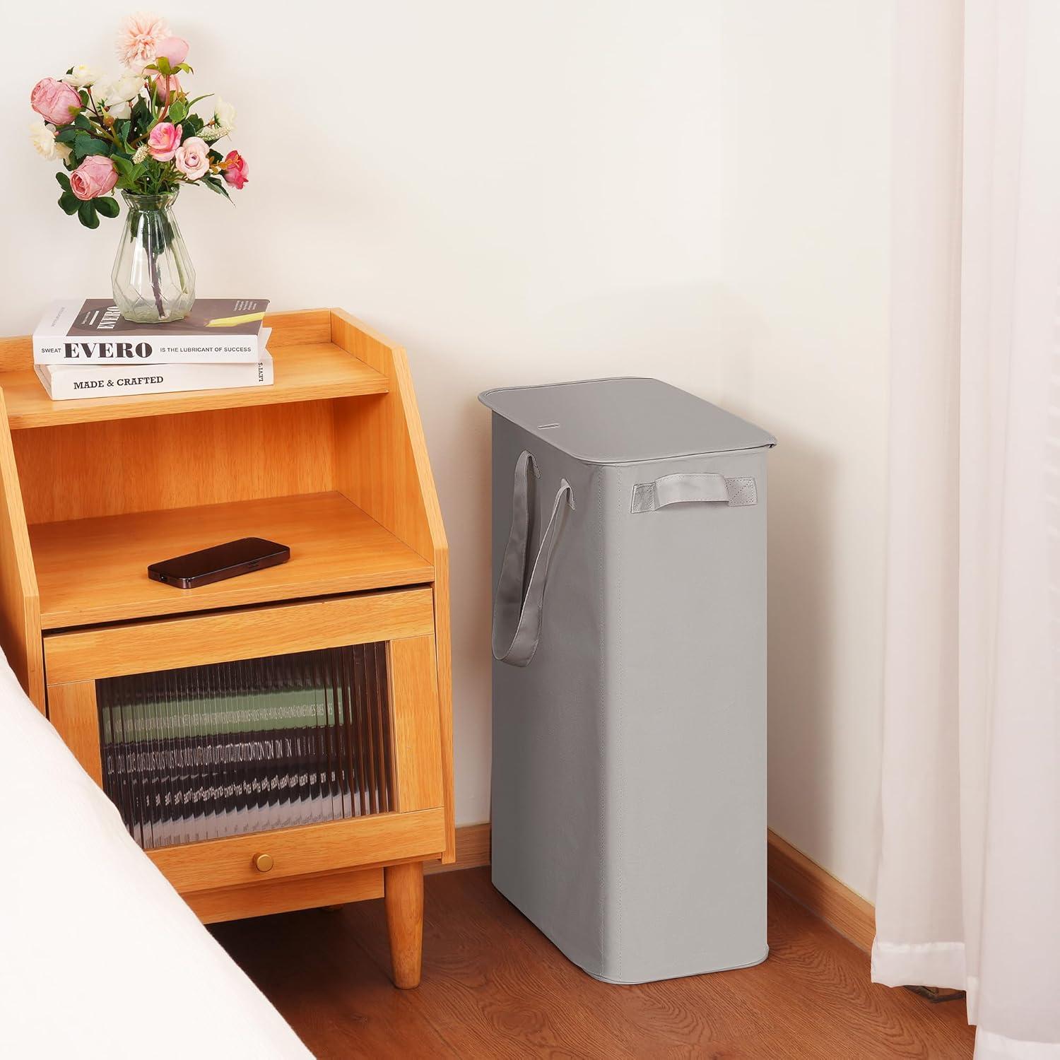 imageefluky Slim Laundry Basket Narrow Laundry Hamper with Handles Collapsible Dirty Clothes Hamper Tall Laundry Bin for Laundry Room Dorm and Bedroom 127 Gallons48L BlackGrey
