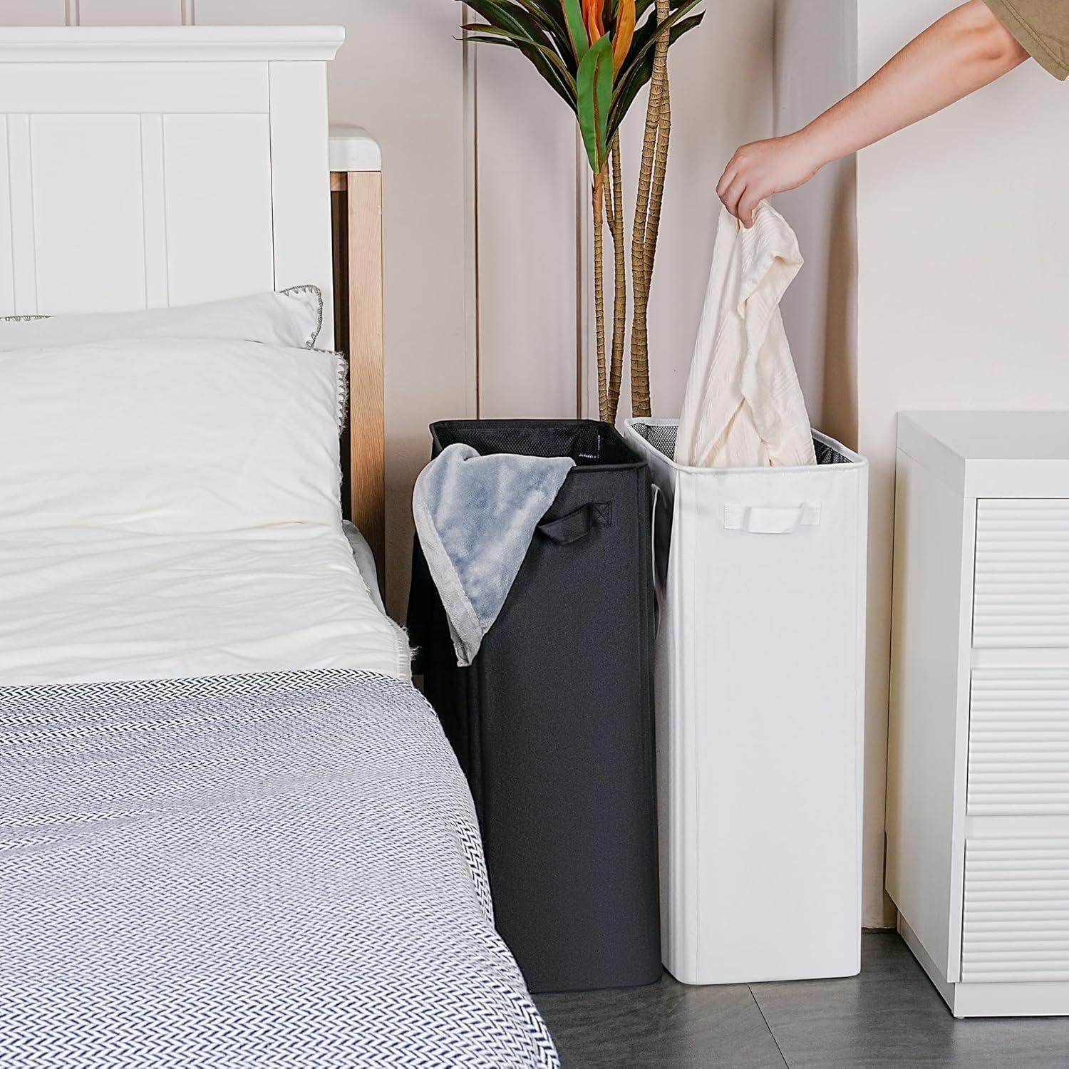 imageefluky Slim Laundry Basket Narrow Laundry Hamper with Handles Collapsible Dirty Clothes Hamper Tall Laundry Bin for Laundry Room Dorm and Bedroom 127 Gallons48L BlackWhite