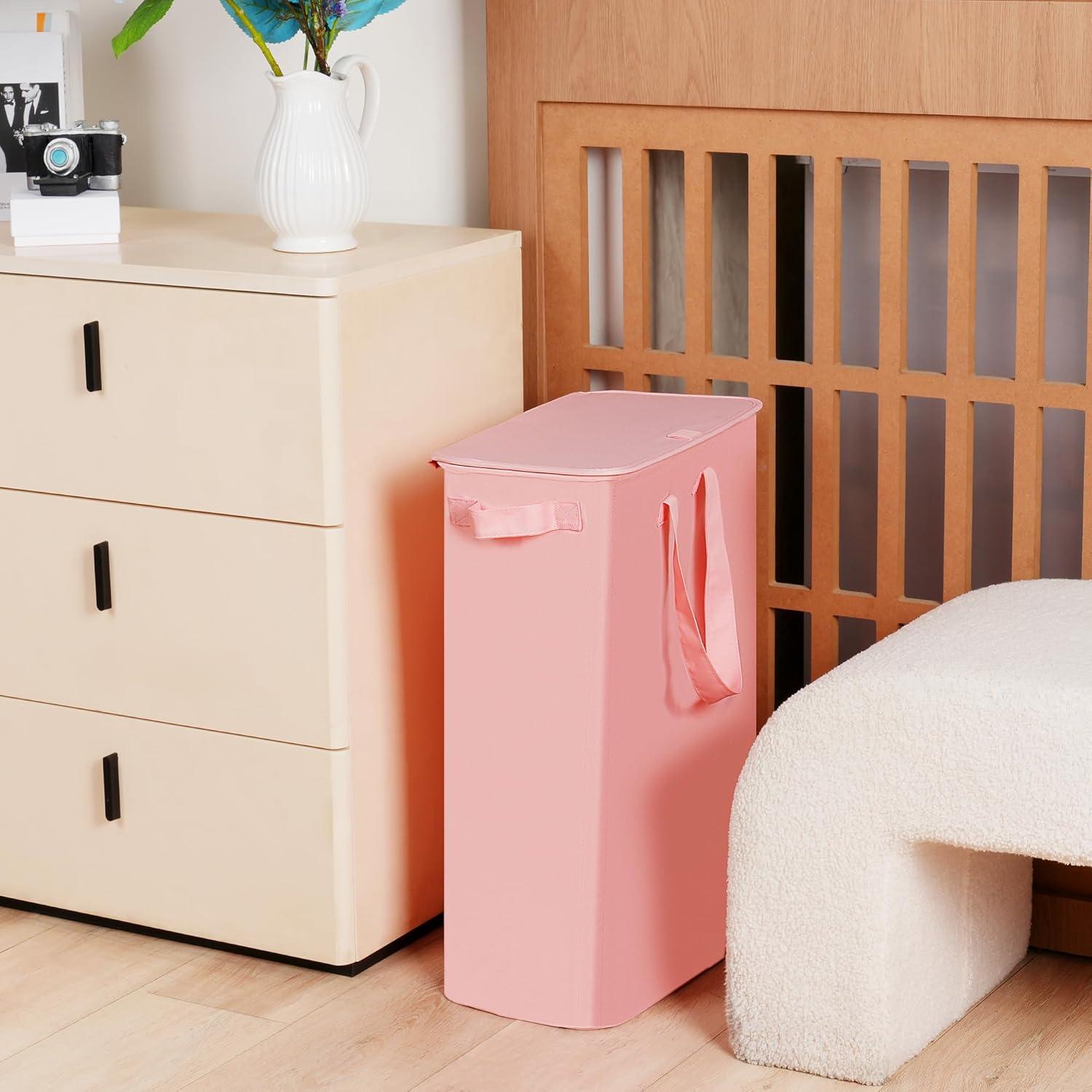 imageefluky Slim Laundry Basket Narrow Laundry Hamper with Handles Collapsible Dirty Clothes Hamper Tall Laundry Bin for Laundry Room Dorm and Bedroom 127 Gallons48L BlackPink