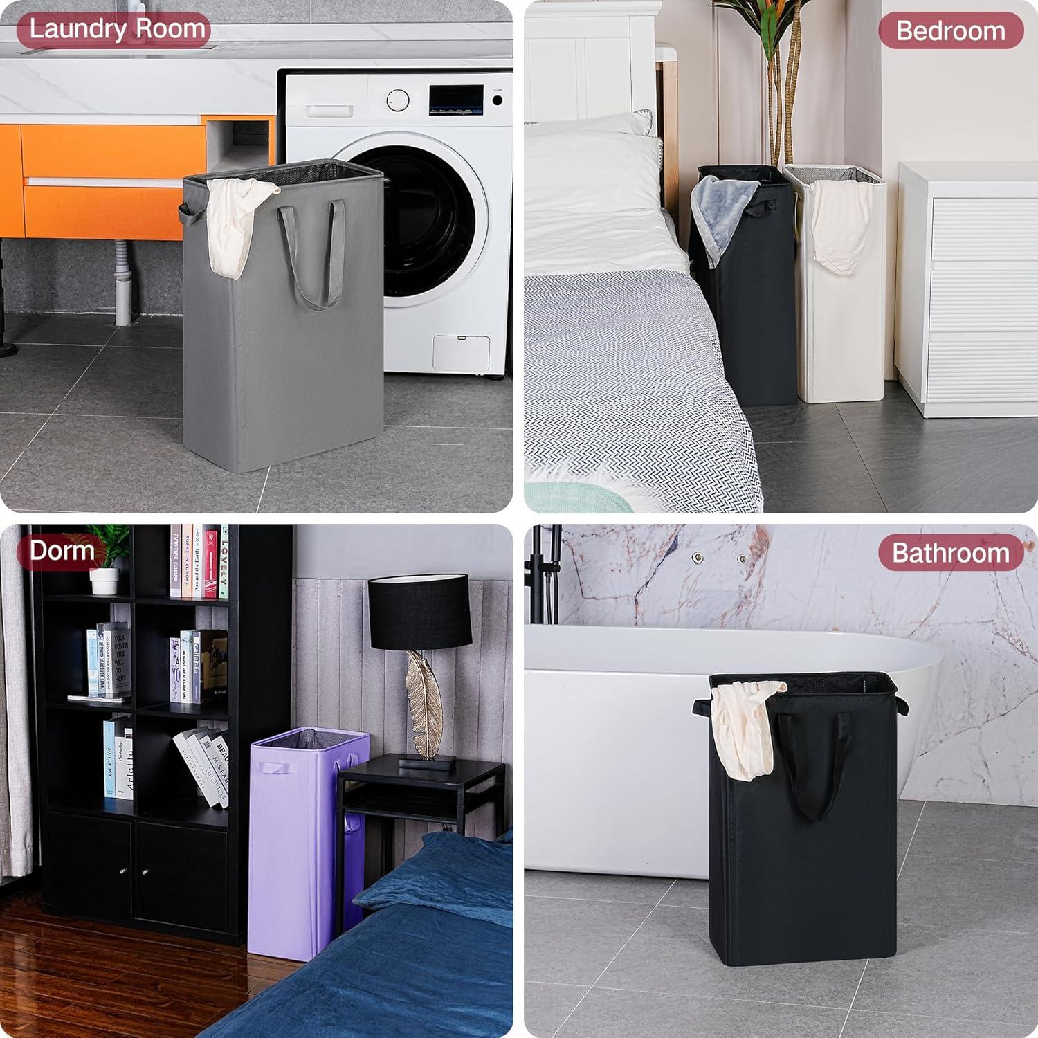 imageefluky Slim Laundry Basket Narrow Laundry Hamper with Handles Collapsible Dirty Clothes Hamper Tall Laundry Bin for Laundry Room Dorm and Bedroom 127 Gallons48L BlackLight Purple