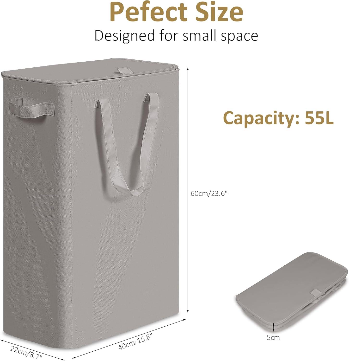 imageefluky Slim Laundry Basket Narrow Laundry Hamper with Handles Collapsible Dirty Clothes Hamper Tall Laundry Bin for Laundry Room Dorm and Bedroom 127 Gallons48L BlackGrey