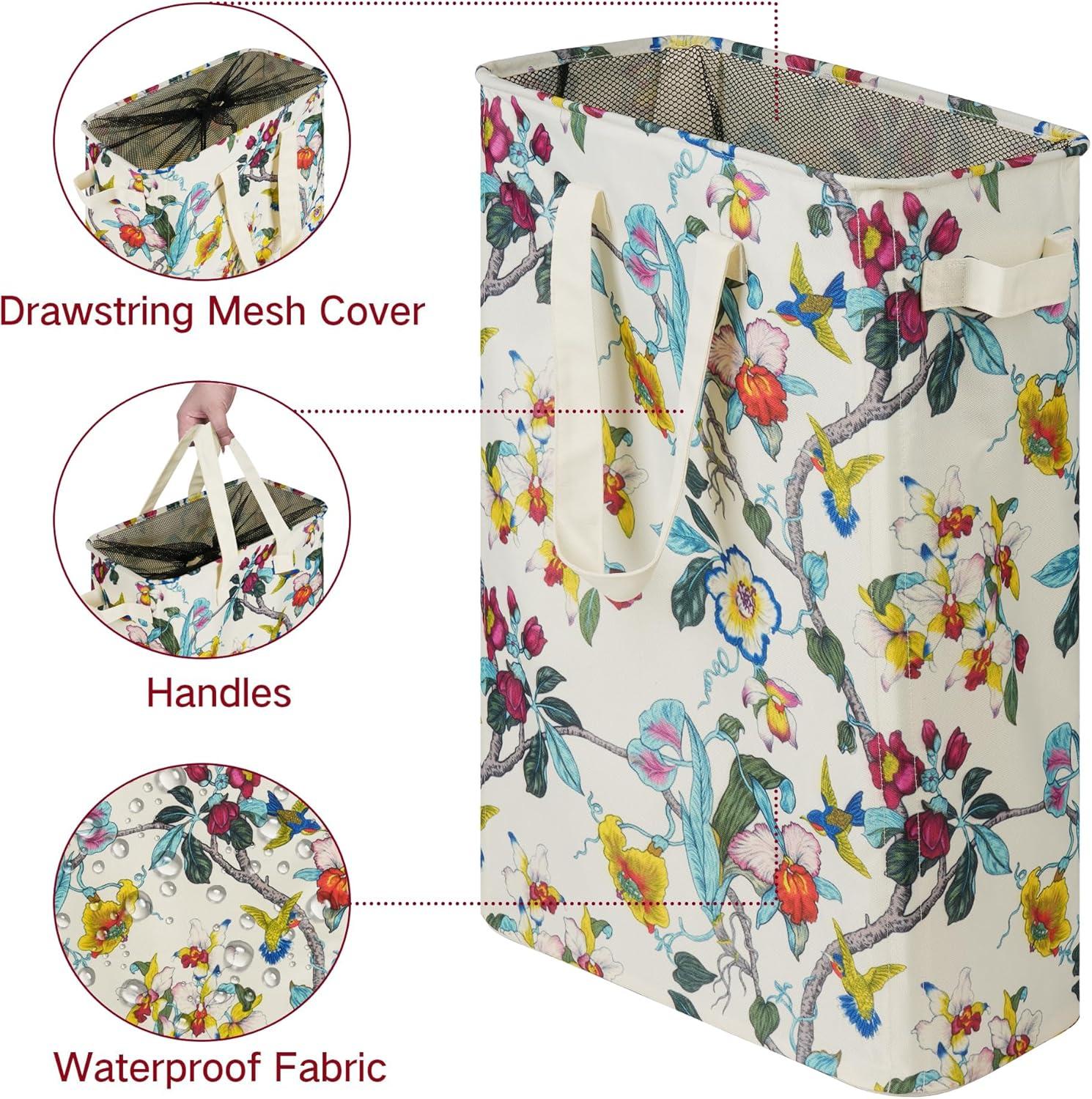 imageefluky Slim Laundry Basket Narrow Laundry Hamper with Handles Collapsible Dirty Clothes Hamper Tall Laundry Bin for Laundry Room Dorm and Bedroom 127 Gallons48L BlackFloral