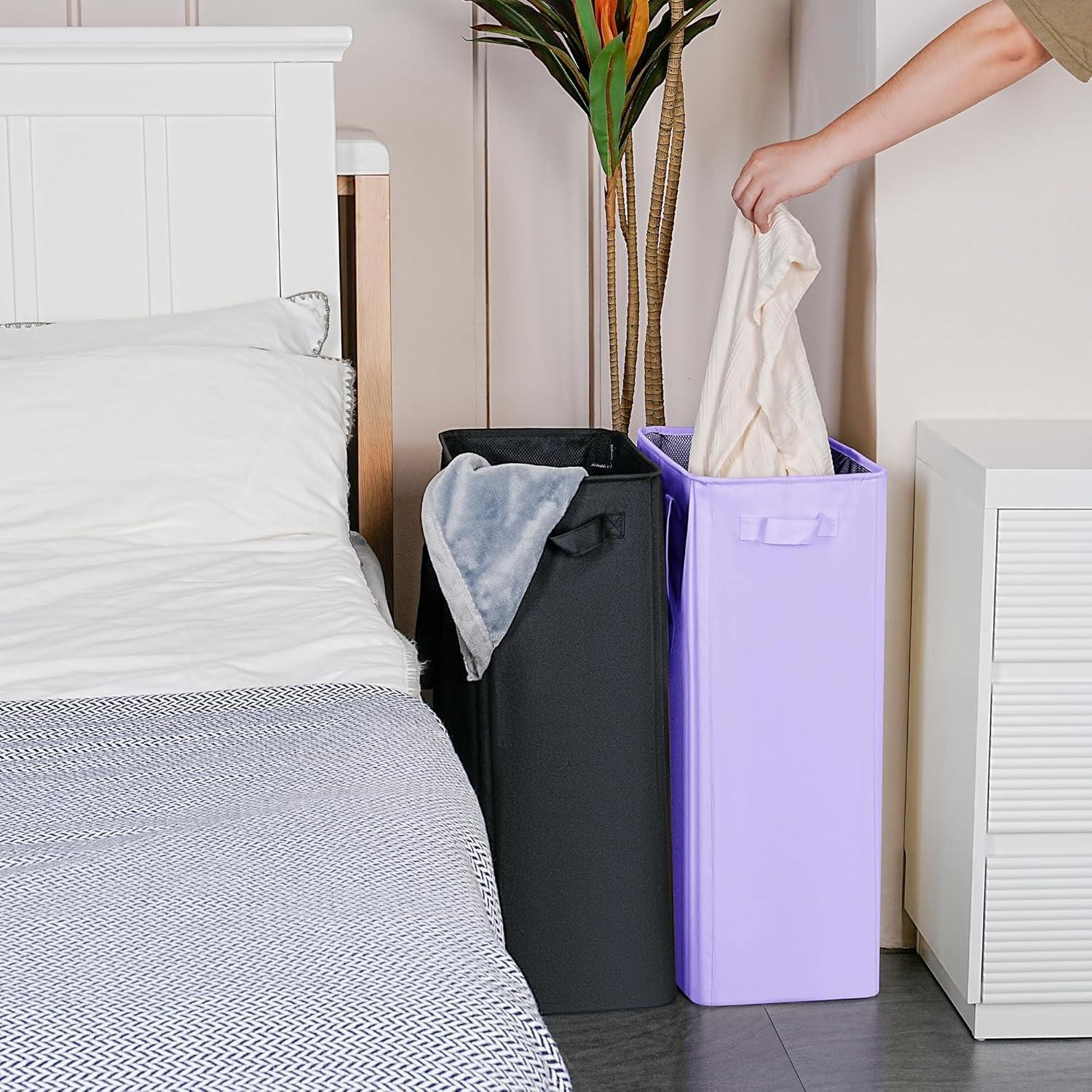 imageefluky Slim Laundry Basket Narrow Laundry Hamper with Handles Collapsible Dirty Clothes Hamper Tall Laundry Bin for Laundry Room Dorm and Bedroom 127 Gallons48L BlackLight Purple