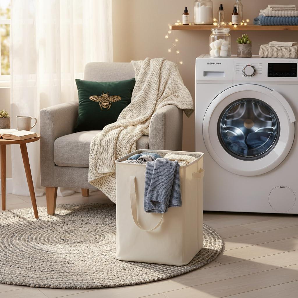 imageefluky Slim Laundry Basket Narrow Laundry Hamper with Handles Collapsible Dirty Clothes Hamper Tall Laundry Bin for Laundry Room Dorm and Bedroom 127 Gallons48L BlackBeige