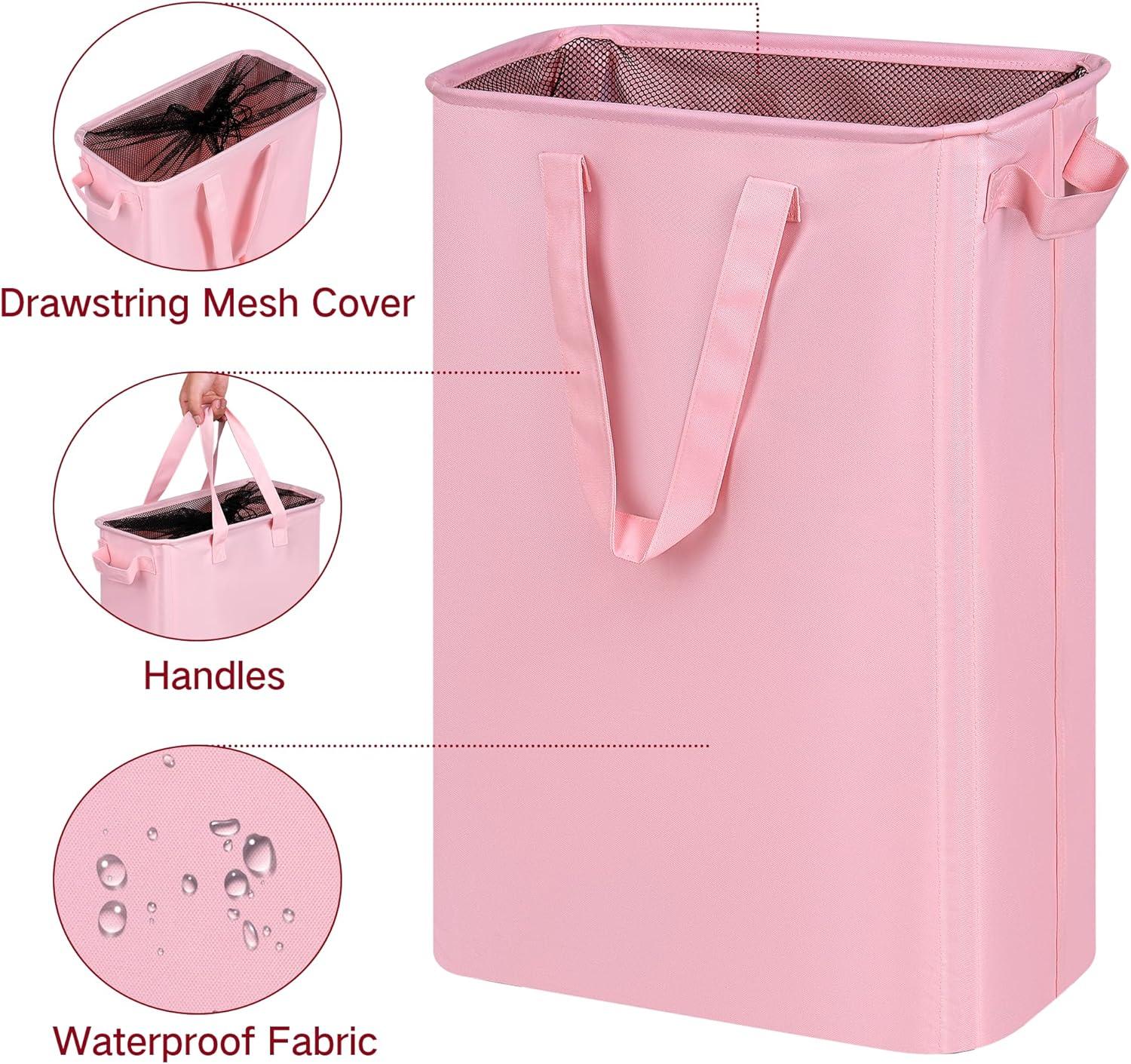 imageefluky Slim Laundry Basket Narrow Laundry Hamper with Handles Collapsible Dirty Clothes Hamper Tall Laundry Bin for Laundry Room Dorm and Bedroom 127 Gallons48L BlackPink