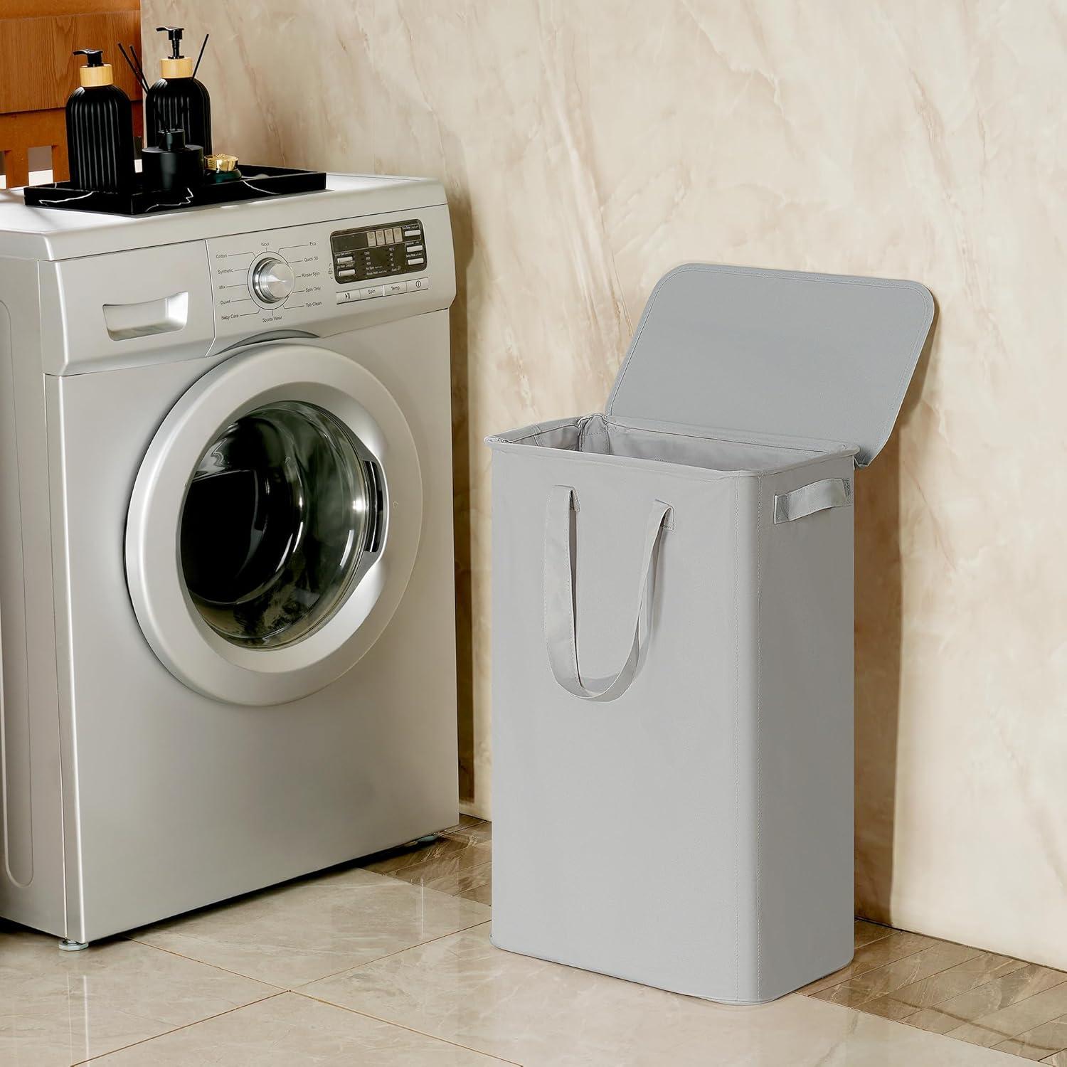 imageefluky Slim Laundry Basket Narrow Laundry Hamper with Handles Collapsible Dirty Clothes Hamper Tall Laundry Bin for Laundry Room Dorm and Bedroom 127 Gallons48L BlackGrey