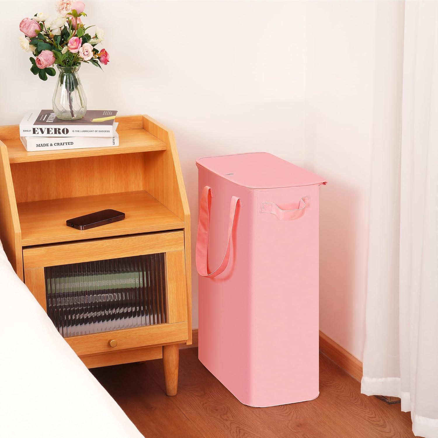imageefluky Slim Laundry Basket Narrow Laundry Hamper with Handles Collapsible Dirty Clothes Hamper Tall Laundry Bin for Laundry Room Dorm and Bedroom 127 Gallons48L BlackPink