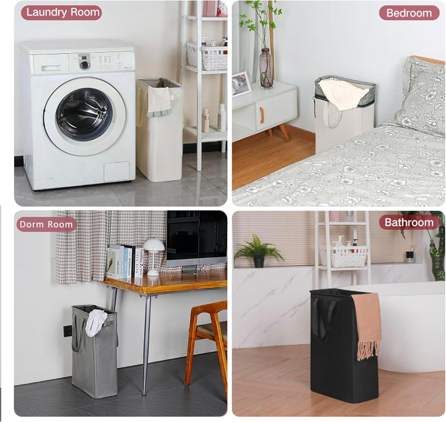 imageefluky Slim Laundry Basket Narrow Laundry Hamper with Handles Collapsible Dirty Clothes Hamper Tall Laundry Bin for Laundry Room Dorm and Bedroom 127 Gallons48L BlackBeige