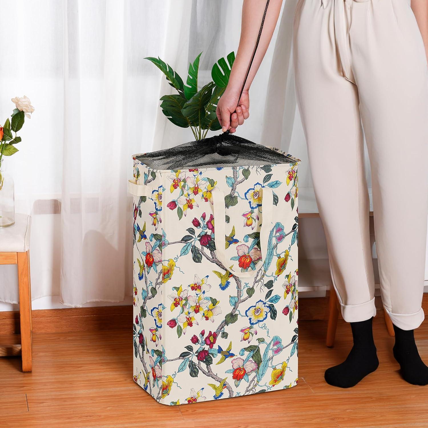 imageefluky Slim Laundry Basket Narrow Laundry Hamper with Handles Collapsible Dirty Clothes Hamper Tall Laundry Bin for Laundry Room Dorm and Bedroom 127 Gallons48L BlackFloral