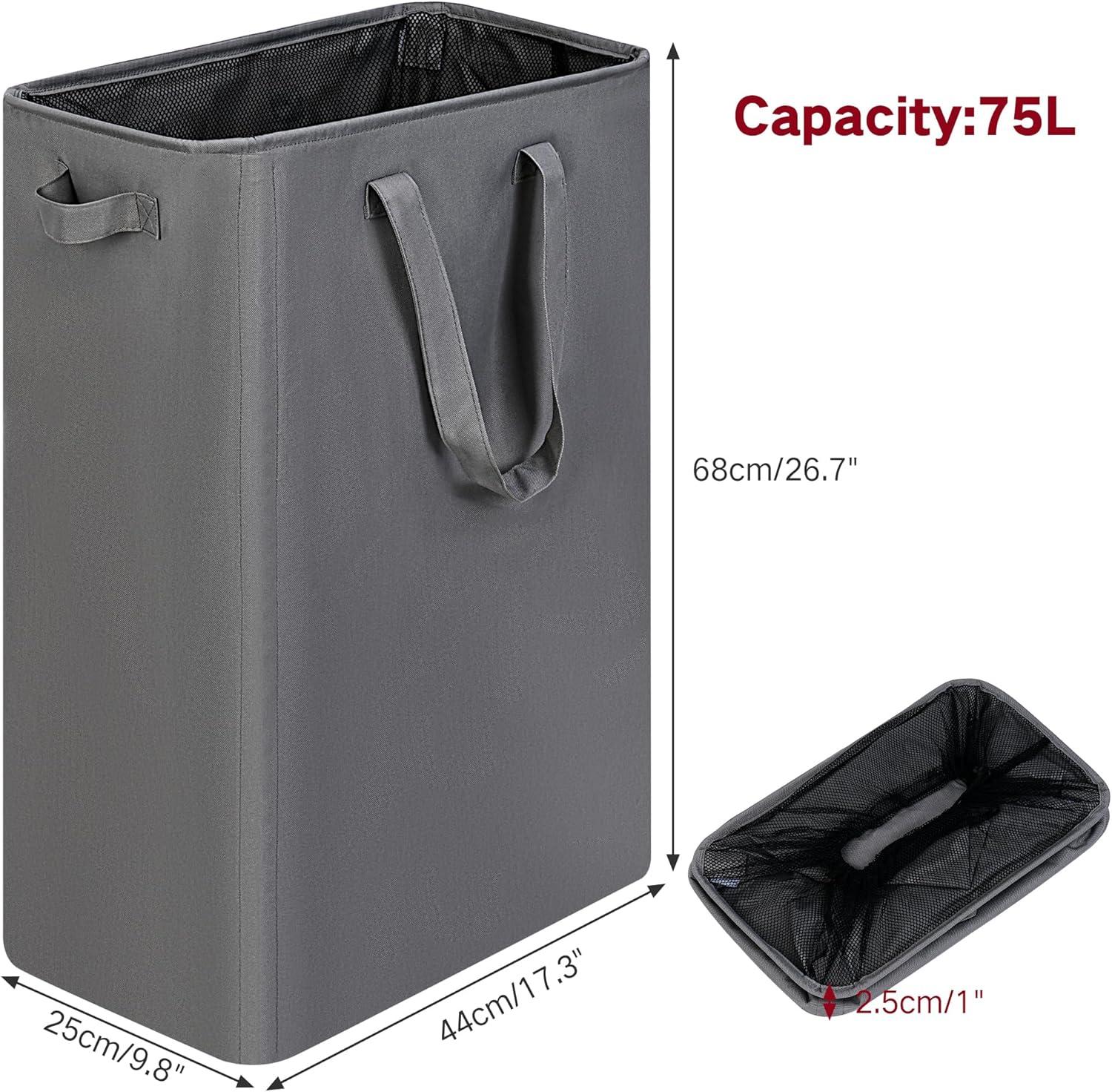 imageefluky Slim Laundry Basket Narrow Laundry Hamper with Handles Collapsible Dirty Clothes Hamper Tall Laundry Bin for Laundry Room Dorm and Bedroom 127 Gallons48L BlackGrey