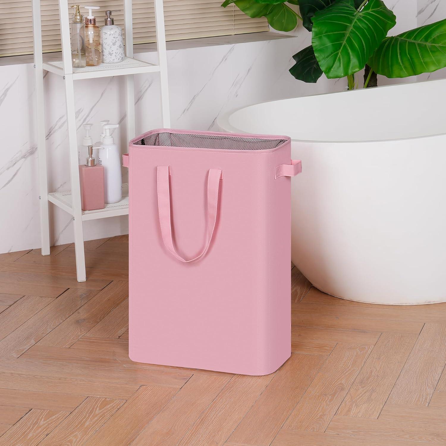 imageefluky Slim Laundry Basket Narrow Laundry Hamper with Handles Collapsible Dirty Clothes Hamper Tall Laundry Bin for Laundry Room Dorm and Bedroom 127 Gallons48L BlackPink