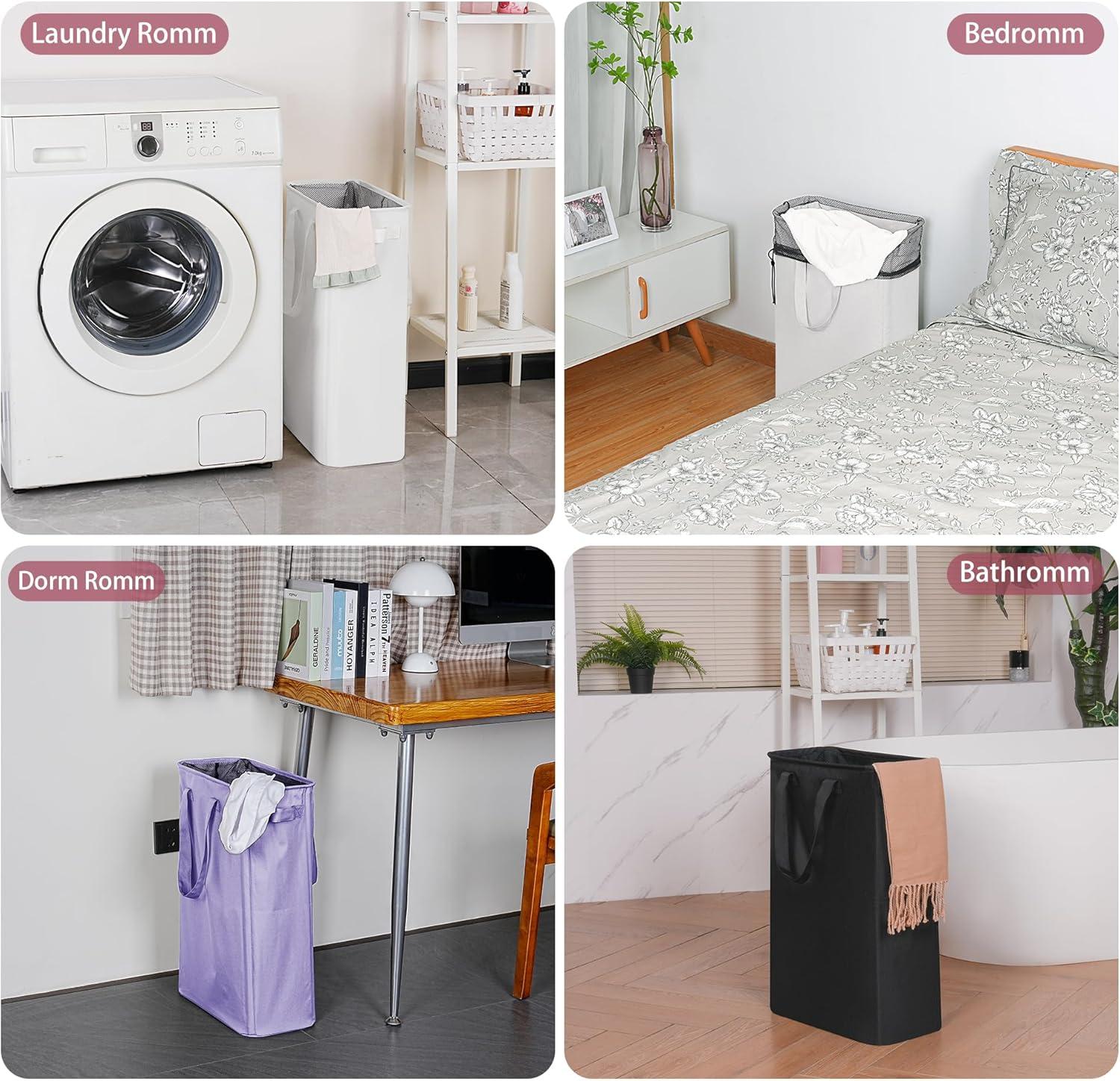 imageefluky Slim Laundry Basket Narrow Laundry Hamper with Handles Collapsible Dirty Clothes Hamper Tall Laundry Bin for Laundry Room Dorm and Bedroom 127 Gallons48L BlackLight Purple