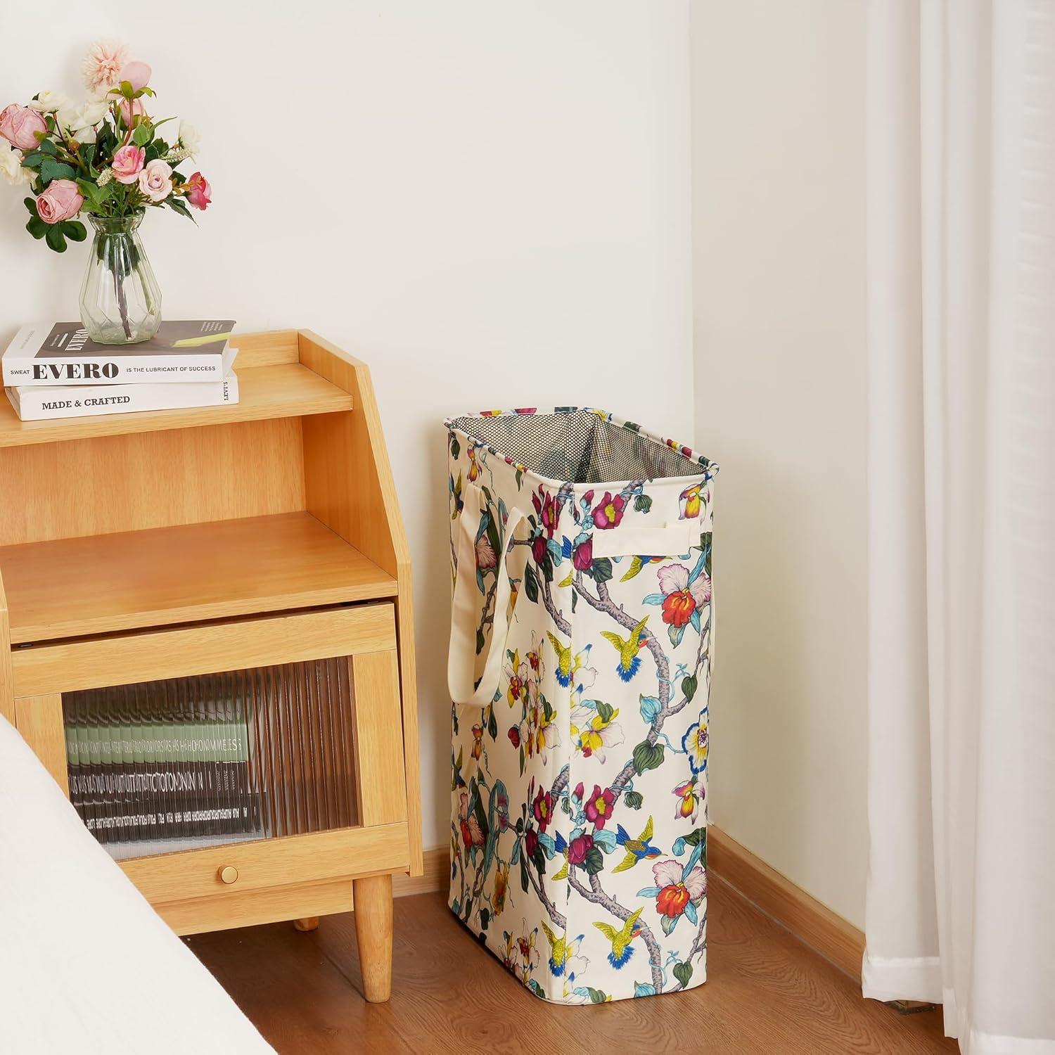 imageefluky Slim Laundry Basket Narrow Laundry Hamper with Handles Collapsible Dirty Clothes Hamper Tall Laundry Bin for Laundry Room Dorm and Bedroom 127 Gallons48L BlackFloral
