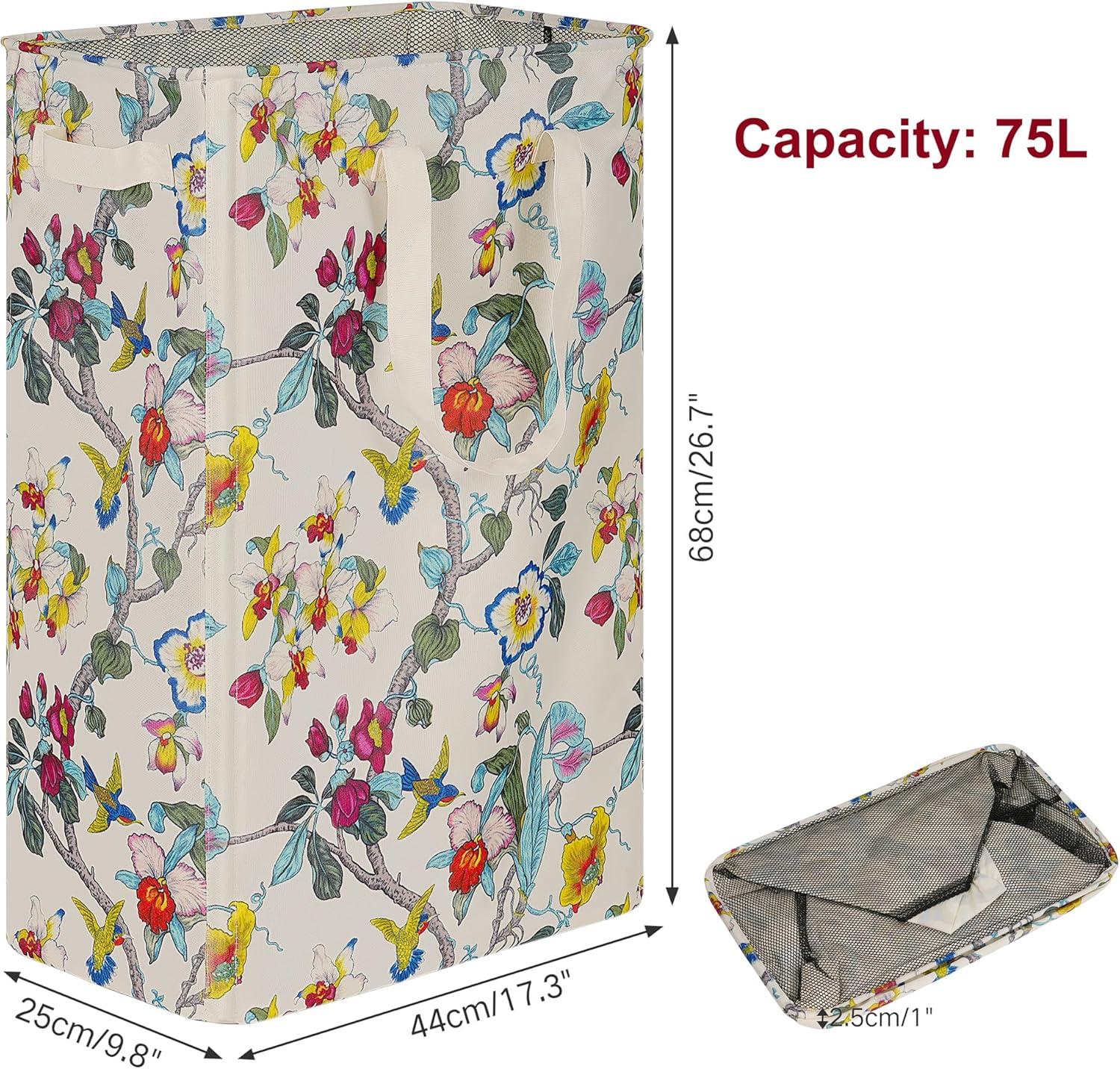 imageefluky Slim Laundry Basket Narrow Laundry Hamper with Handles Collapsible Dirty Clothes Hamper Tall Laundry Bin for Laundry Room Dorm and Bedroom 127 Gallons48L BlackFloral