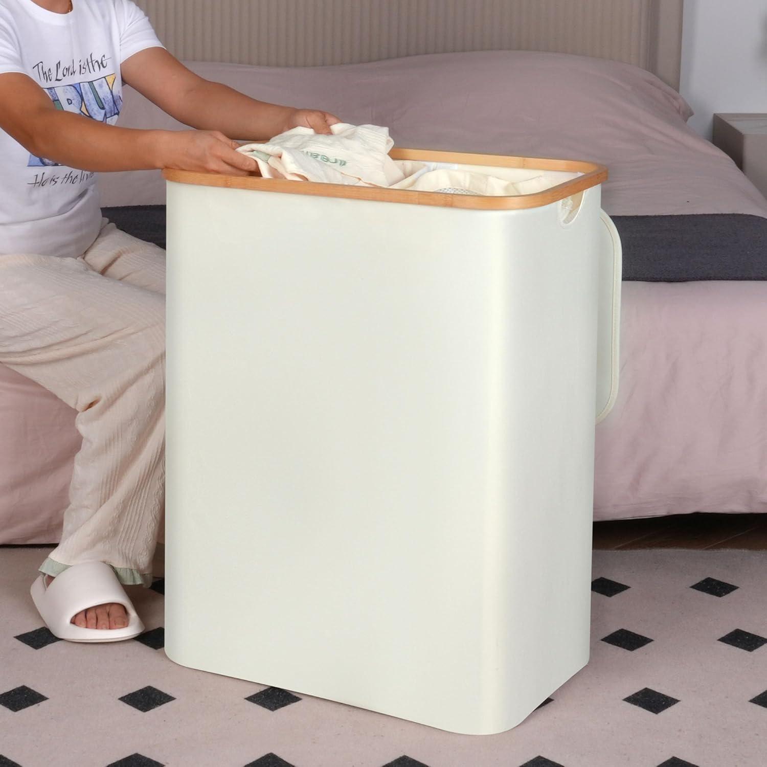 imageefluky Slim Laundry Basket with Lid Narrow Laundry Hamper with Removable Bag Skinny Dirty Clothes Basket with Bamboo Handles for Bathroom Bedroom amp Laundry Room 75L PinkBeige