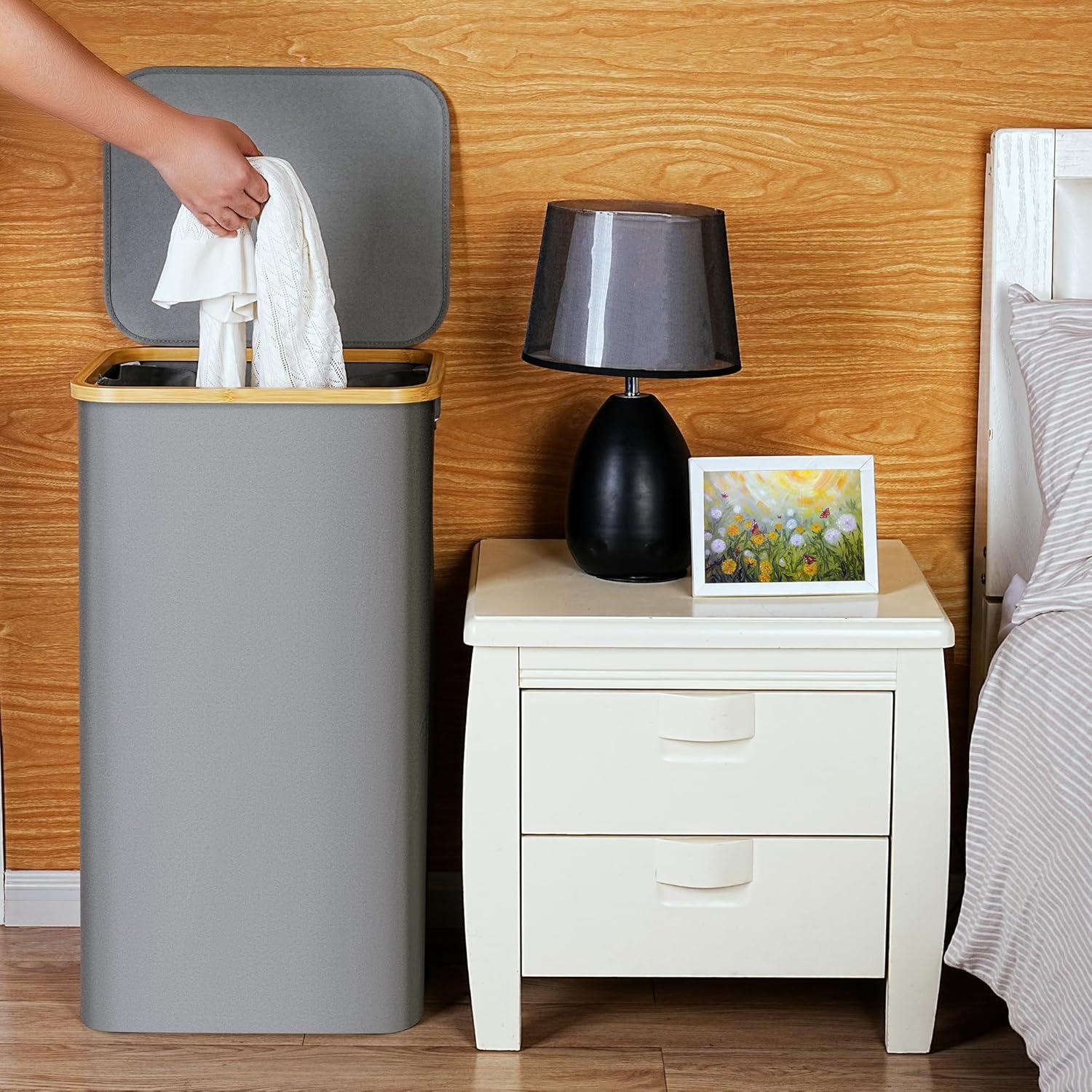 imageefluky Slim Laundry Basket with Lid Narrow Laundry Hamper with Removable Bag Skinny Dirty Clothes Basket with Bamboo Handles for Bathroom Bedroom amp Laundry Room 75L PinkSilver Grey