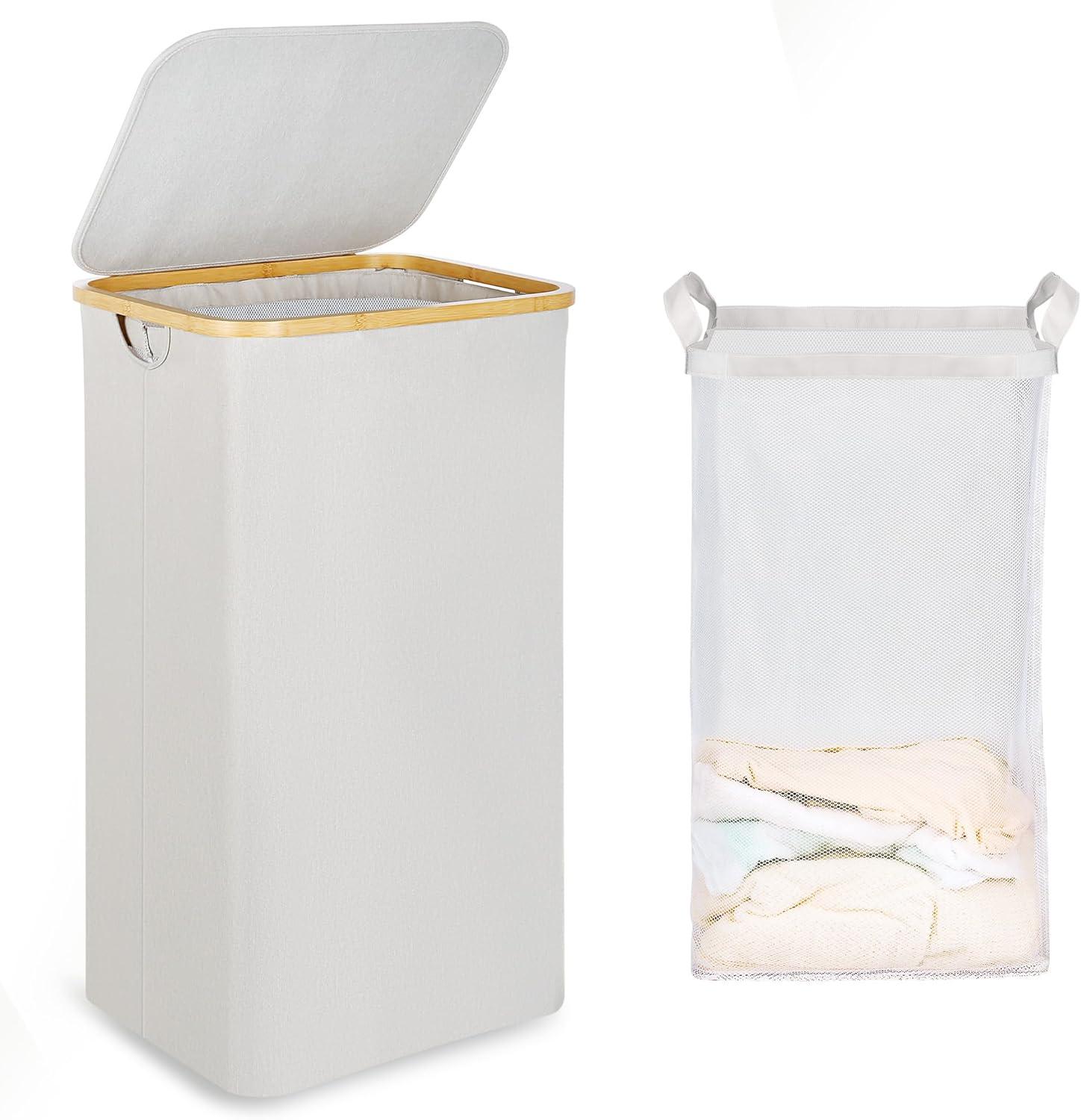 imageefluky Slim Laundry Basket with Lid Narrow Laundry Hamper with Removable Bag Skinny Dirty Clothes Basket with Bamboo Handles for Bathroom Bedroom amp Laundry Room 75L PinkLight Grey