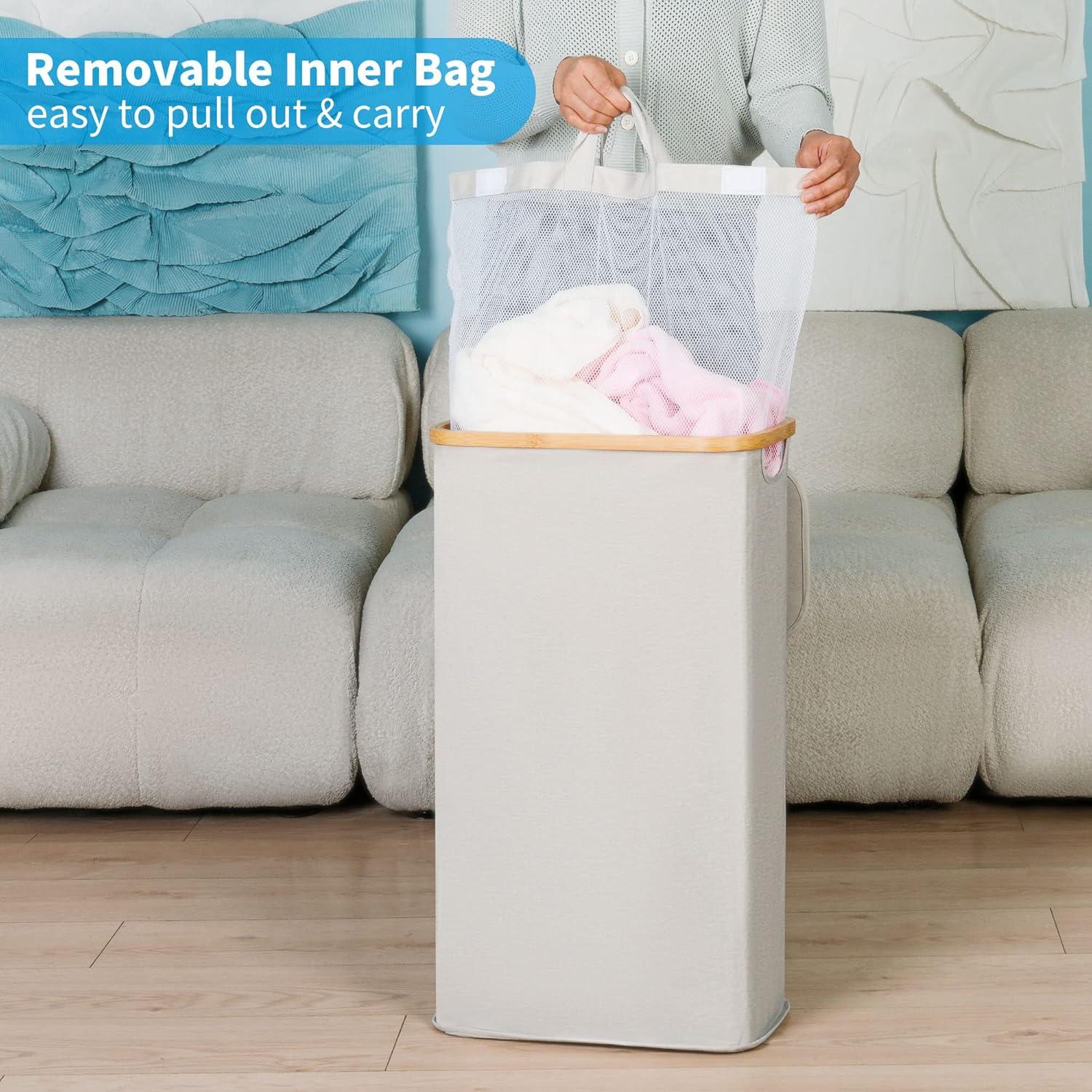 imageefluky Slim Laundry Basket with Lid Narrow Laundry Hamper with Removable Bag Skinny Dirty Clothes Basket with Bamboo Handles for Bathroom Bedroom amp Laundry Room 75L PinkLight Grey