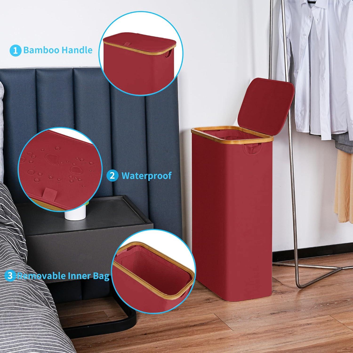 imageefluky Slim Laundry Basket with Lid Narrow Laundry Hamper with Removable Bag Skinny Dirty Clothes Basket with Bamboo Handles for Bathroom Bedroom amp Laundry Room 75L PinkBurgundy