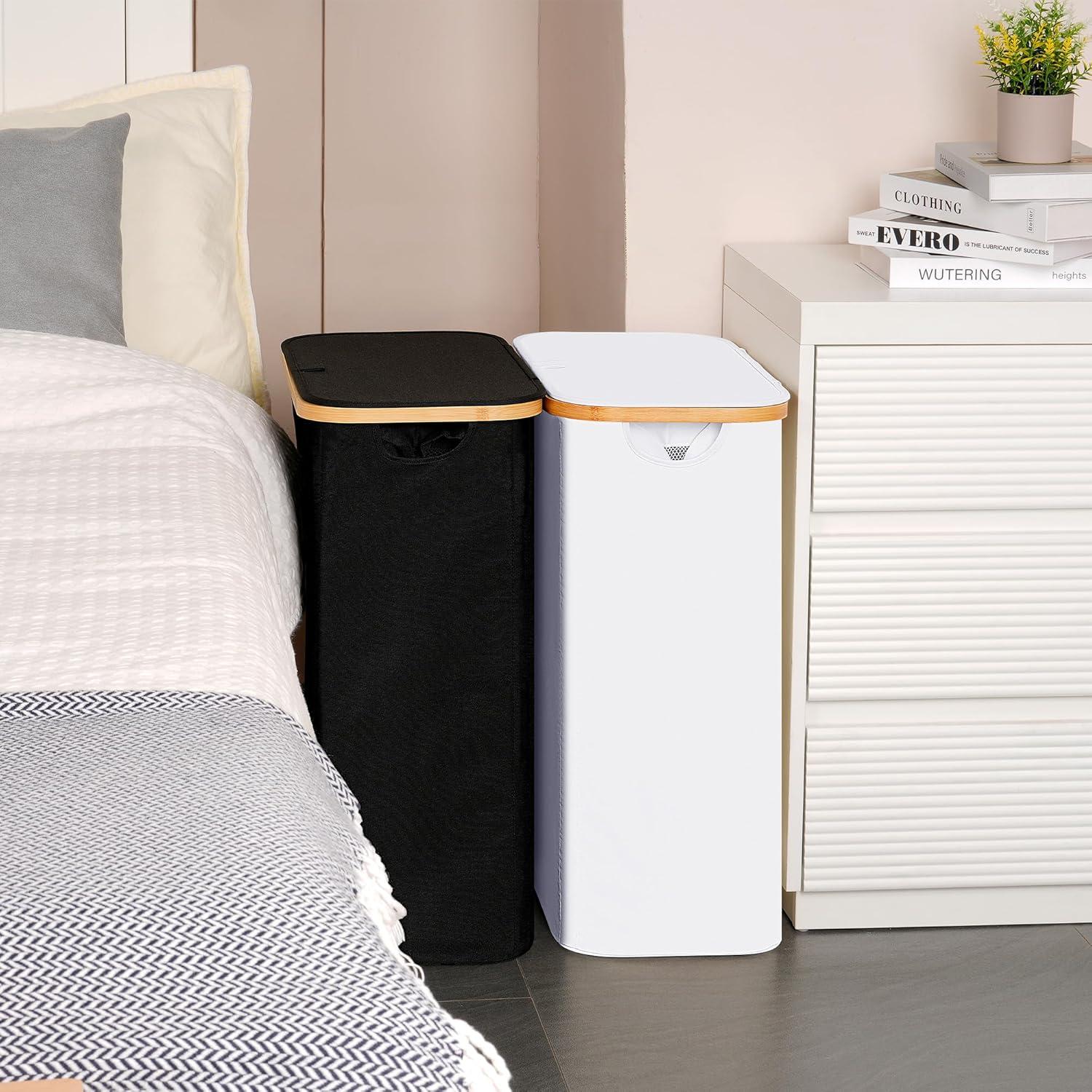 imageefluky Slim Laundry Basket with Lid Narrow Laundry Hamper with Removable Bag Skinny Dirty Clothes Basket with Bamboo Handles for Bathroom Bedroom amp Laundry Room 75L PinkWhite