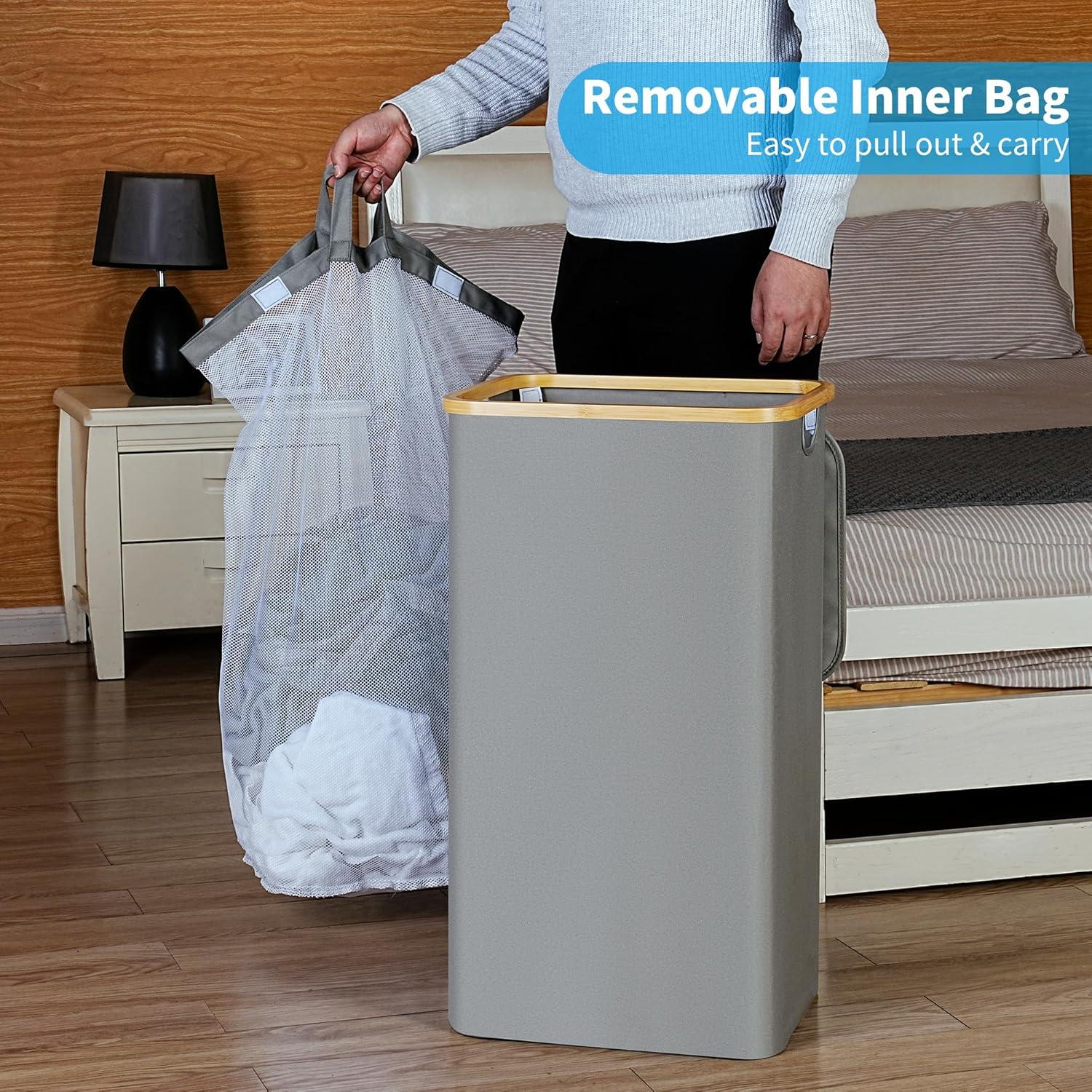 imageefluky Slim Laundry Basket with Lid Narrow Laundry Hamper with Removable Bag Skinny Dirty Clothes Basket with Bamboo Handles for Bathroom Bedroom amp Laundry Room 75L PinkSilver Grey