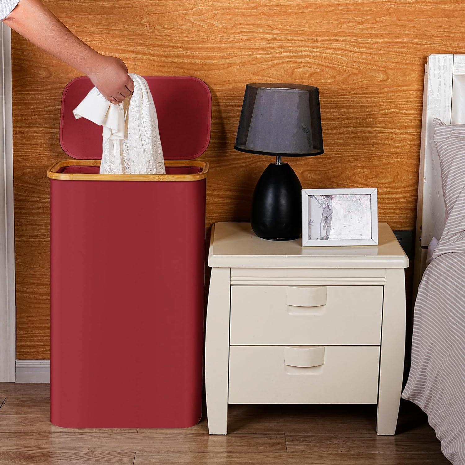 imageefluky Slim Laundry Basket with Lid Narrow Laundry Hamper with Removable Bag Skinny Dirty Clothes Basket with Bamboo Handles for Bathroom Bedroom amp Laundry Room 75L PinkBurgundy