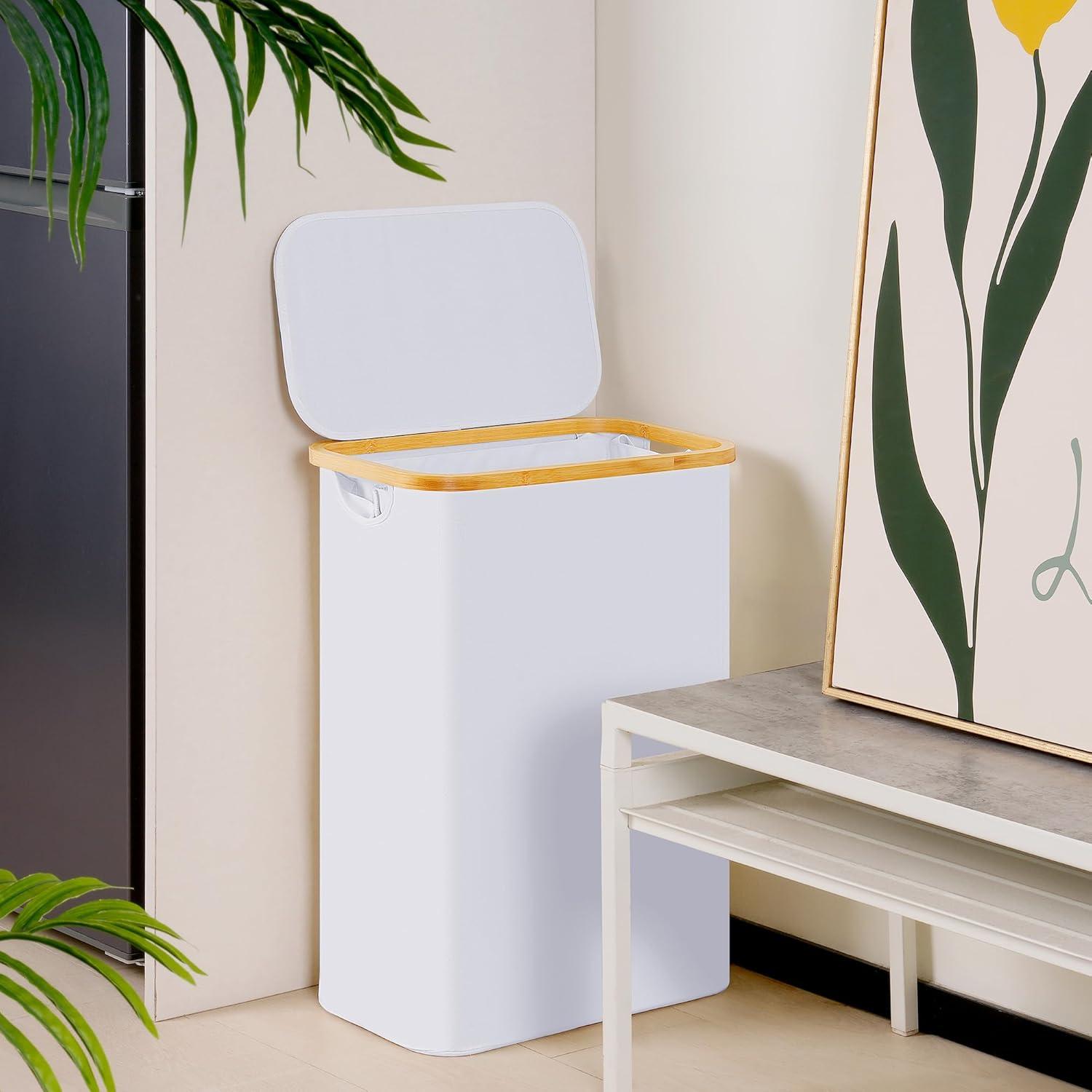 imageefluky Slim Laundry Basket with Lid Narrow Laundry Hamper with Removable Bag Skinny Dirty Clothes Basket with Bamboo Handles for Bathroom Bedroom amp Laundry Room 75L PinkWhite