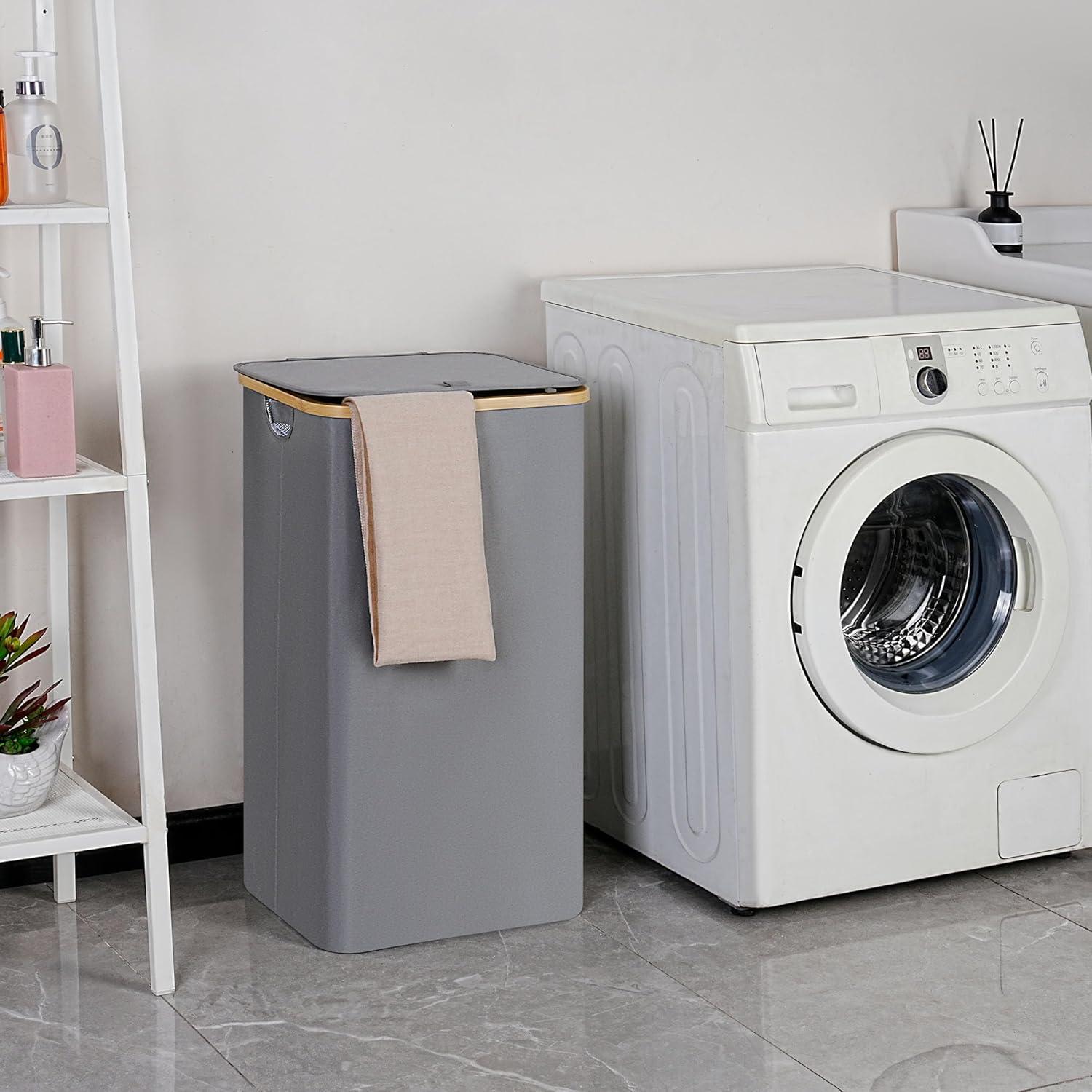 imageefluky Slim Laundry Basket with Lid Narrow Laundry Hamper with Removable Bag Skinny Dirty Clothes Basket with Bamboo Handles for Bathroom Bedroom amp Laundry Room 75L PinkSilver Grey