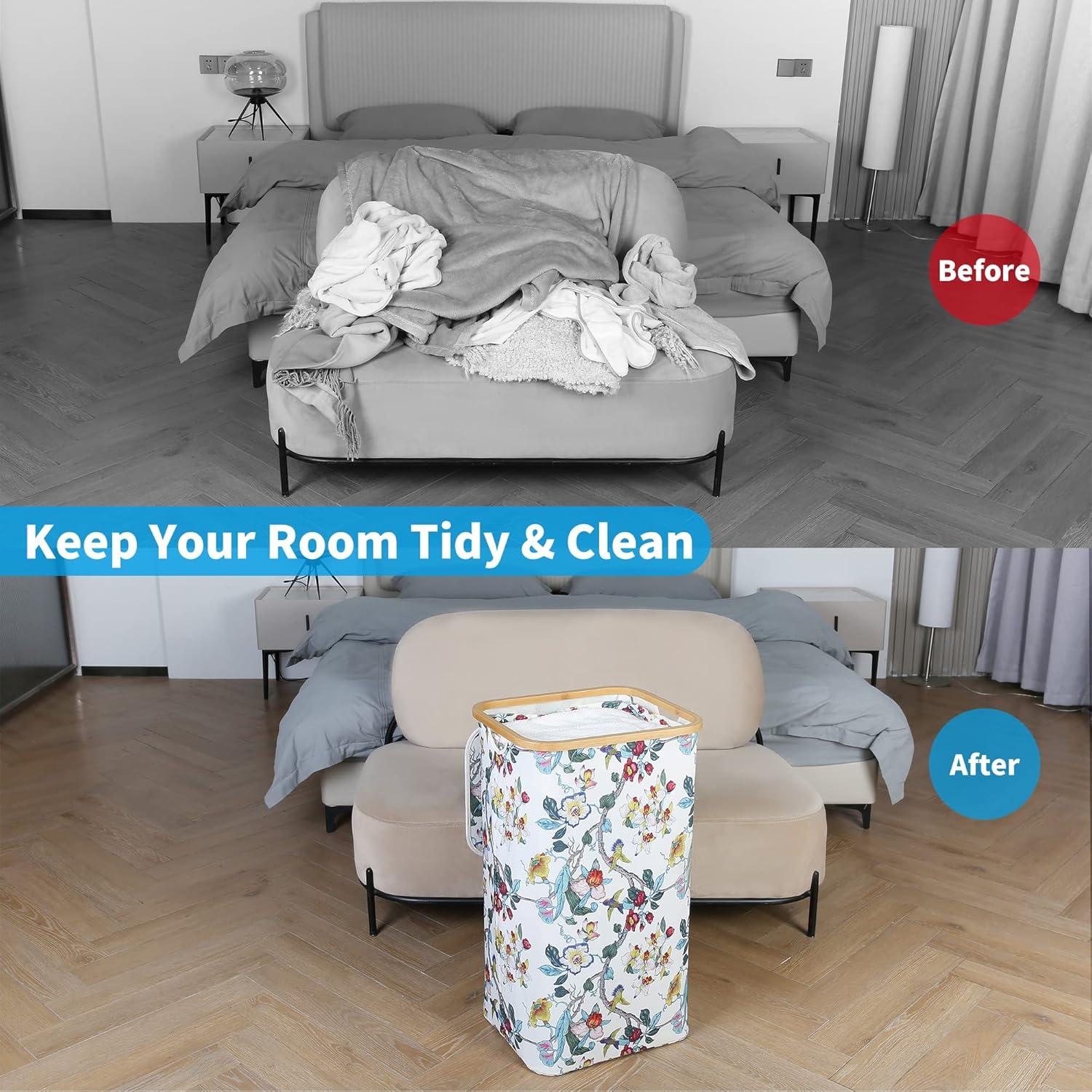 imageefluky Slim Laundry Basket with Lid Narrow Laundry Hamper with Removable Bag Skinny Dirty Clothes Basket with Bamboo Handles for Bathroom Bedroom amp Laundry Room 75L PinkFloral