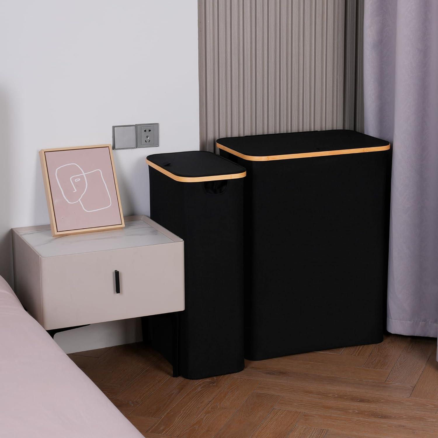 imageefluky Slim Laundry Basket with Lid Narrow Laundry Hamper with Removable Bag Skinny Dirty Clothes Basket with Bamboo Handles for Bathroom Bedroom amp Laundry Room 75L PinkBlack