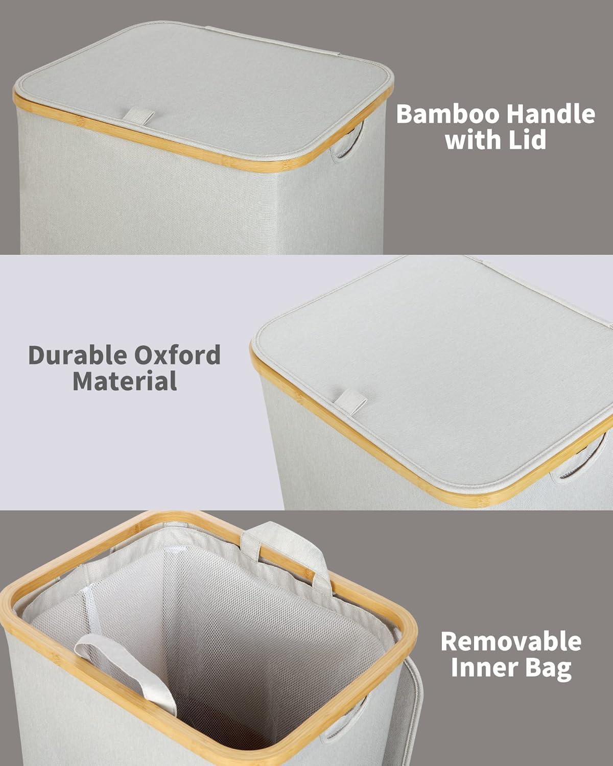 imageefluky Slim Laundry Basket with Lid Narrow Laundry Hamper with Removable Bag Skinny Dirty Clothes Basket with Bamboo Handles for Bathroom Bedroom amp Laundry Room 75L PinkLight Grey