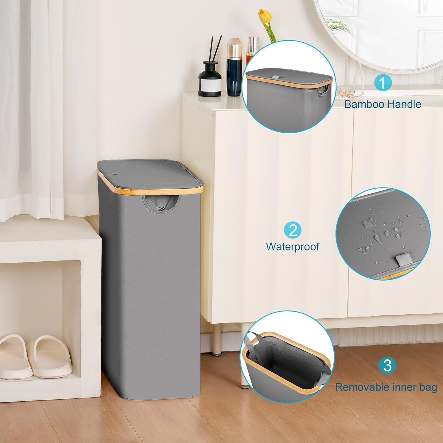 imageefluky Slim Laundry Basket with Lid Narrow Laundry Hamper with Removable Bag Skinny Dirty Clothes Basket with Bamboo Handles for Bathroom Bedroom amp Laundry Room 75L PinkGrey