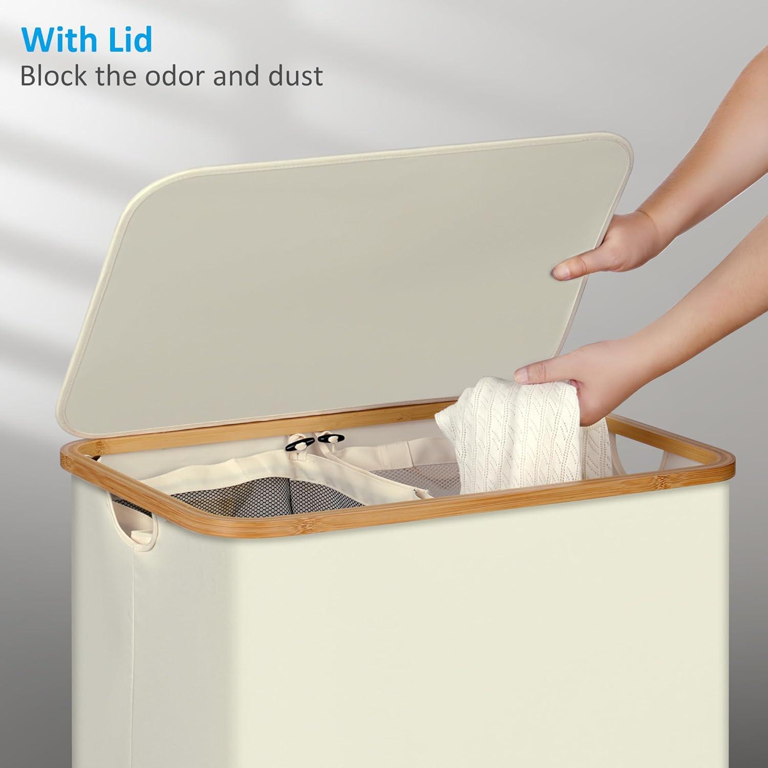imageefluky Slim Laundry Basket with Lid Narrow Laundry Hamper with Removable Bag Skinny Dirty Clothes Basket with Bamboo Handles for Bathroom Bedroom amp Laundry Room 75L PinkBeige